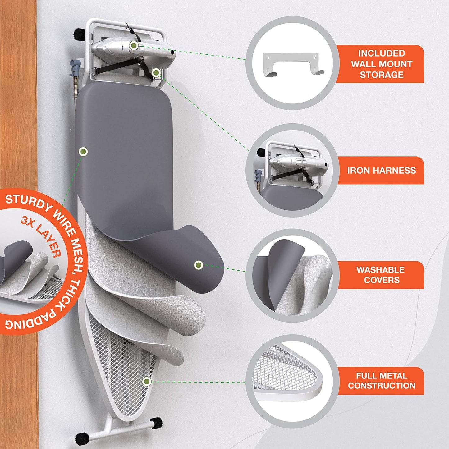 Xabitat Full Size Ironing Board - 57" X 18" | Durable Metal Construction with Wall Mount Hanger & Iron Caddy