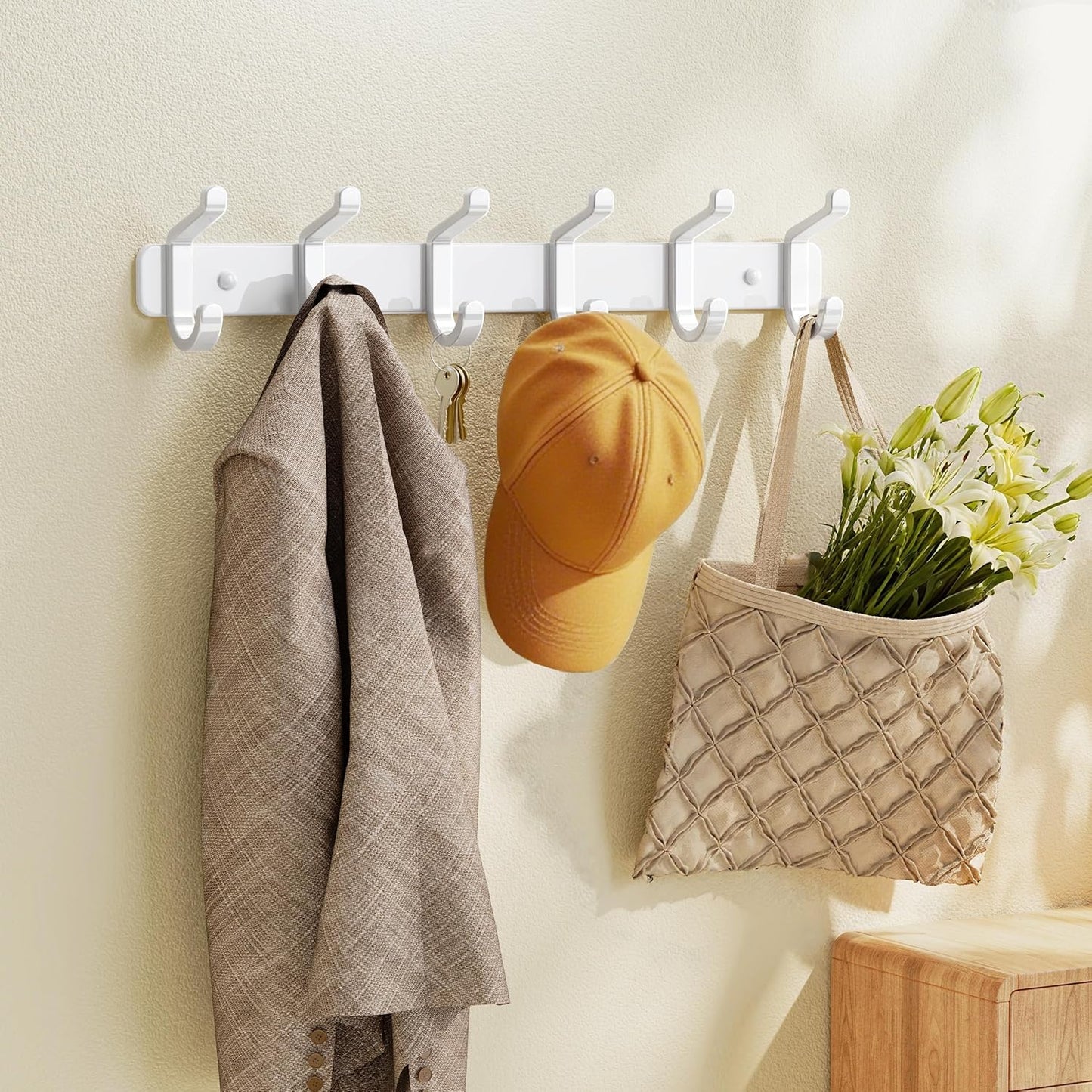 Pickpiff Coat Rack - Heavy-Duty Wall-Mounted Metal Hanger with 6 Hooks for Hats, Clothes & More | White, 2 Pack