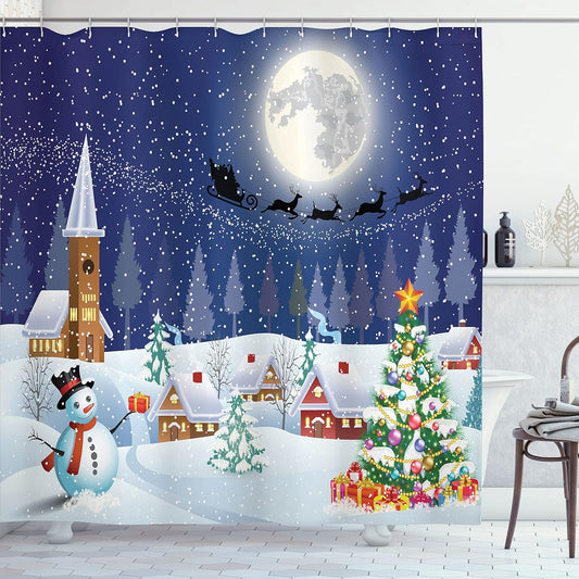 Christmas Shower Curtain with Snowman & Santa Sleigh - Winter Decor Set, 69" x 70" - Fabric with Hooks