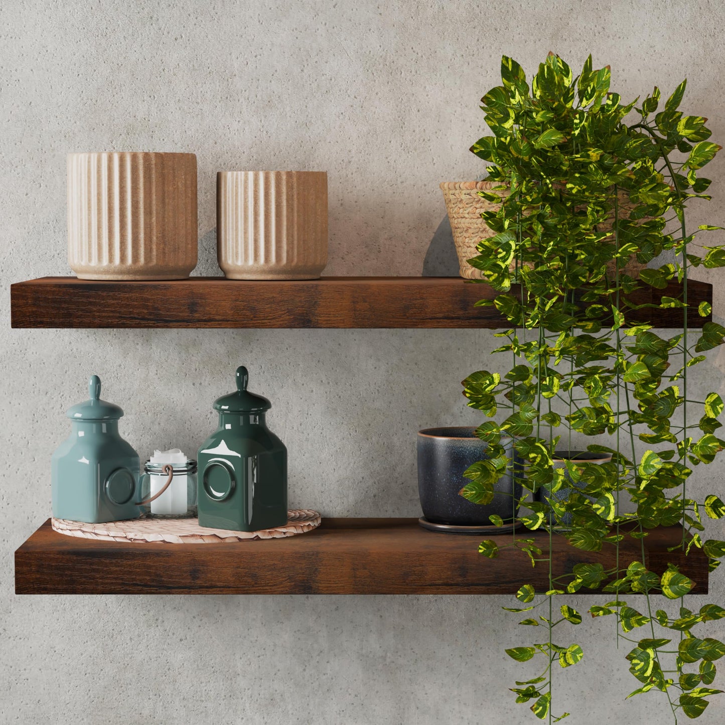 LA GRANGE RANGE® 23.6" Floating Shelves for Wall, 2X Pack, Wall Shelves for Storage & Décor, Perfect for Bathroom, Bedroom, Kitchen, Living Room, Natural Wood Finish with Hidden Bracket - Toasty Brown