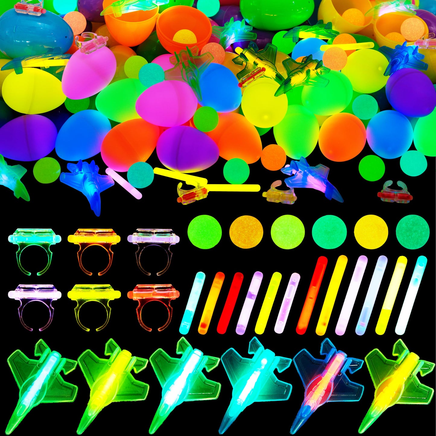 JOYIN 80 Pcs Easter Eggs with Glow Toys, 20 Mini Glow Sticks, 20 Rings, 20 Airplanes, 20 Balls, Glow-In-The-Dark Basket Stuffers for Kids, Filled Easter Egg Hunt, Class Prizes, Party Favors Supplies