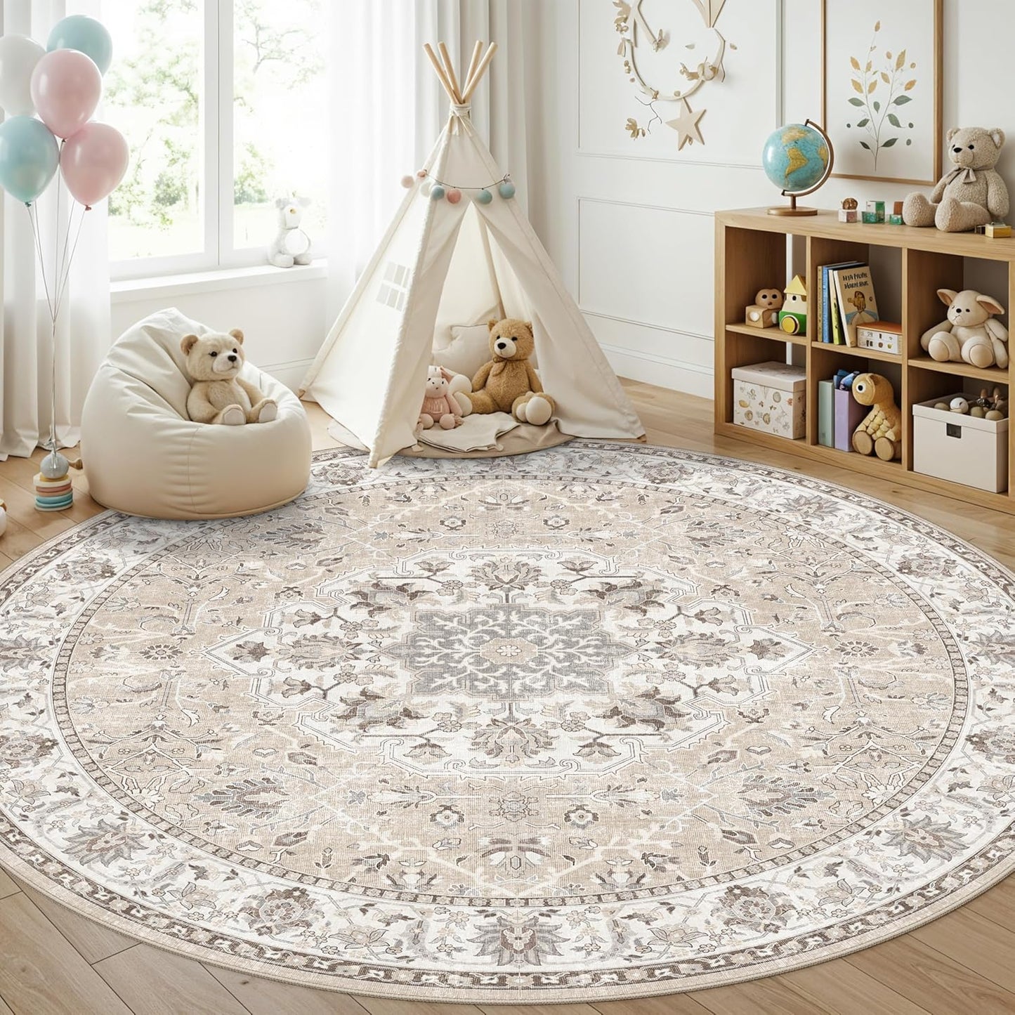 Skiennix Washable 8ft Round Area Rug - Soft, Non-Slip, Stain-Resistant Carpet for Living Room | Beige