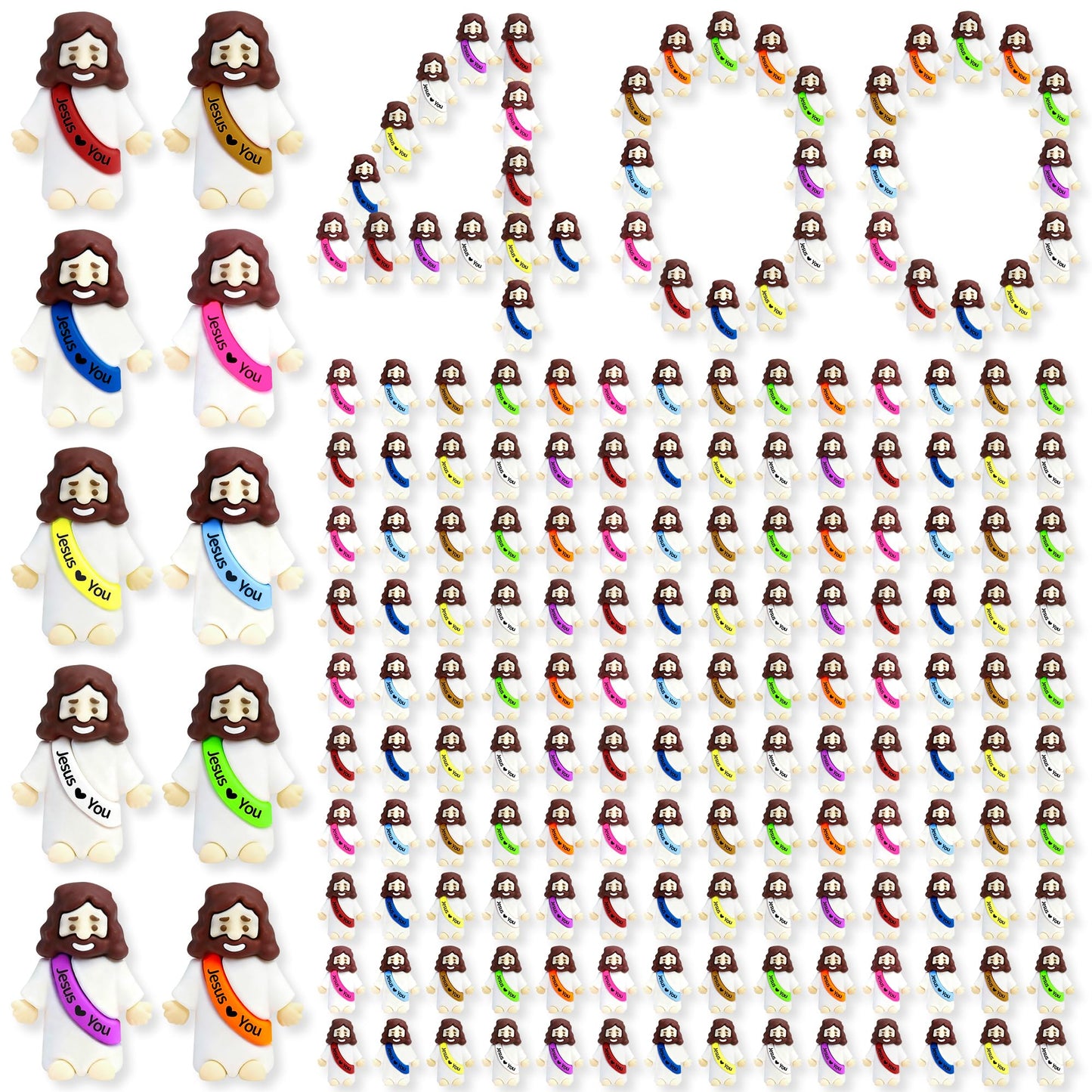 TFengfly 50 Pcs Little Jesus Figures Small Easter Jesus Loves You Toys 10 Colors Mini Rubber Jesus Miniatures to Hide and Seek Religious Gift Party Favors Easter Egg Stuffers Sunday School (50)