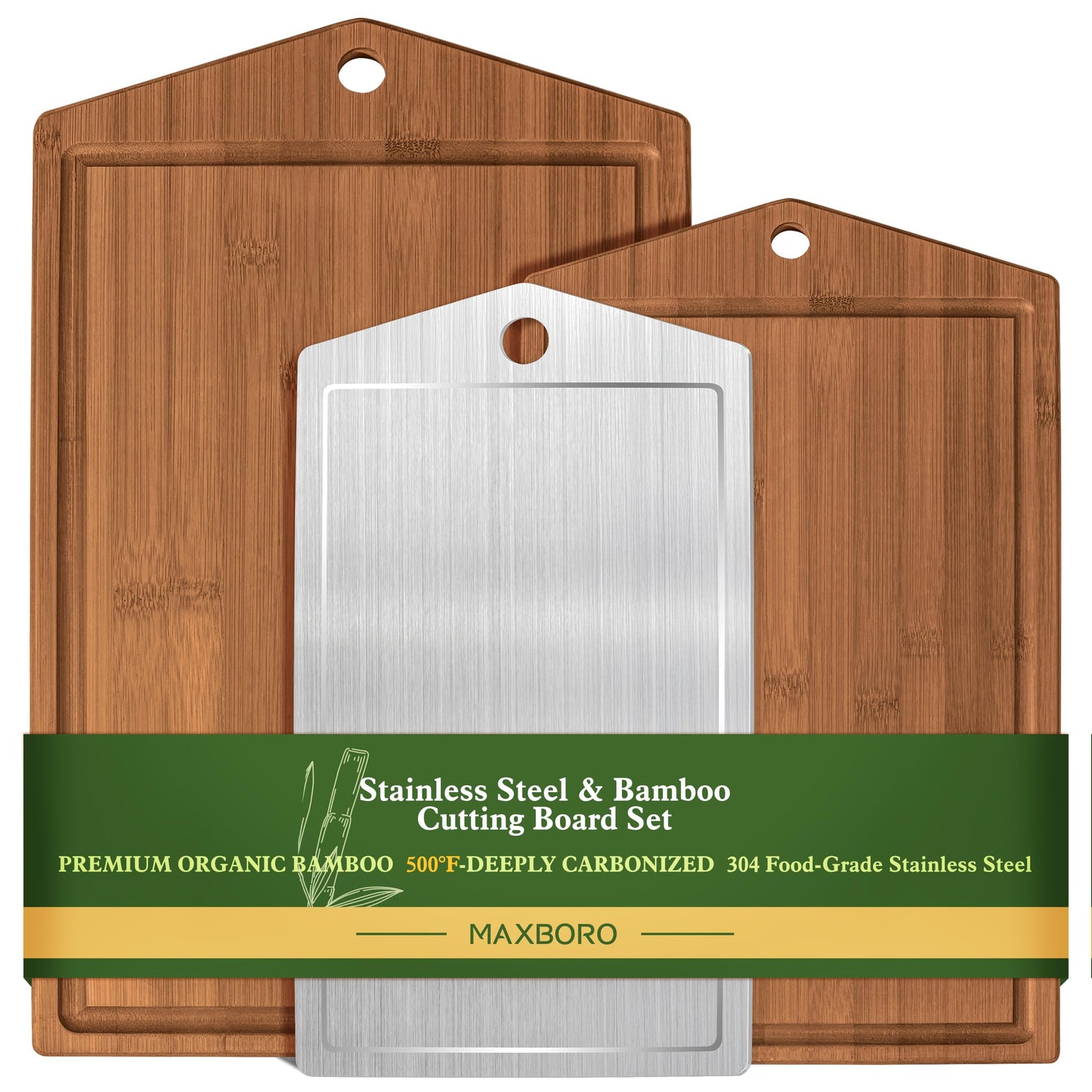 Maxboro Bamboo Cutting Board Set for Kitchen, Detachable Stainless Steel Design, Double Sided Chopping Boards with Deep Juice Well and Built-in Handles for Meal Prep and Serving, Ideal Kitchen Gift