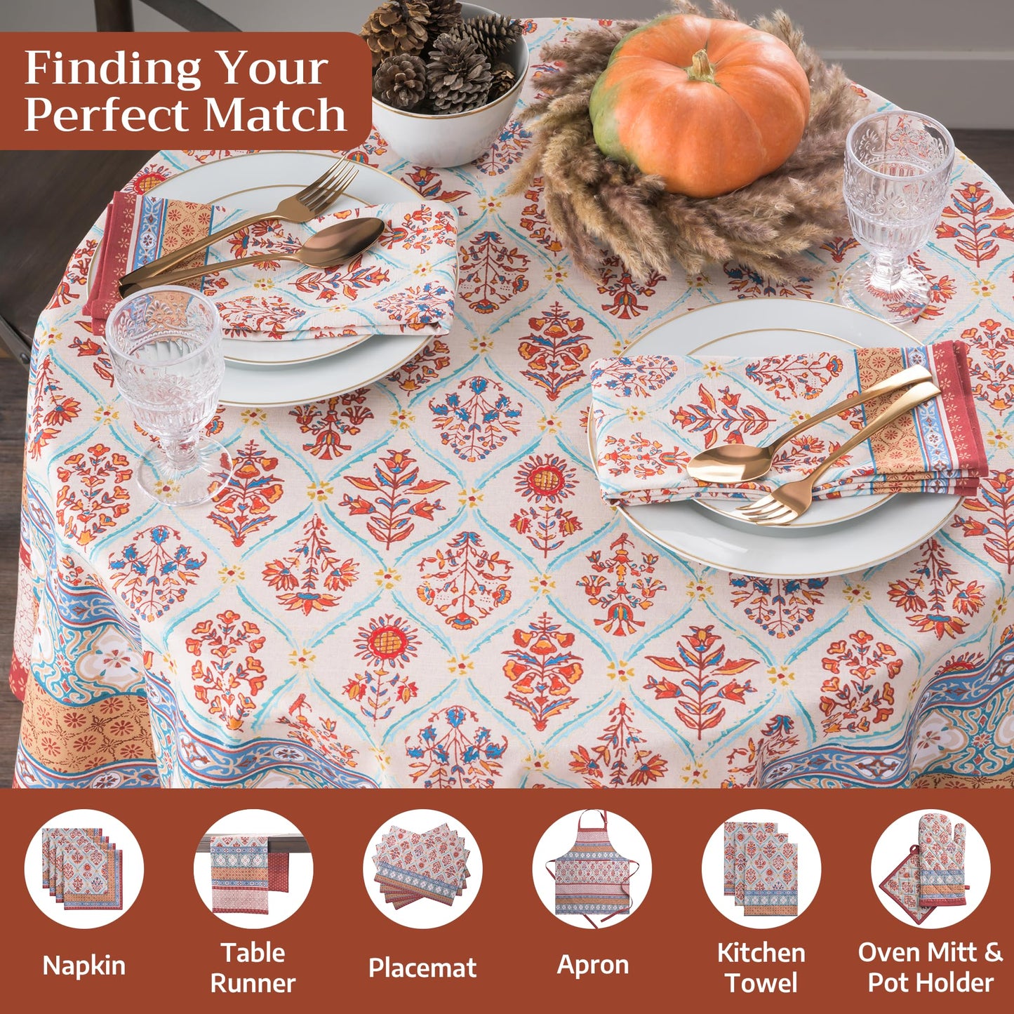 Maison d' Hermine Table Cloth Round Table 100% Cotton 63 Inches Fall Tablecloth Reusable Everyday Use for Thanksgiving Christmas Decorations Dining Farmhouse Party (Romane)