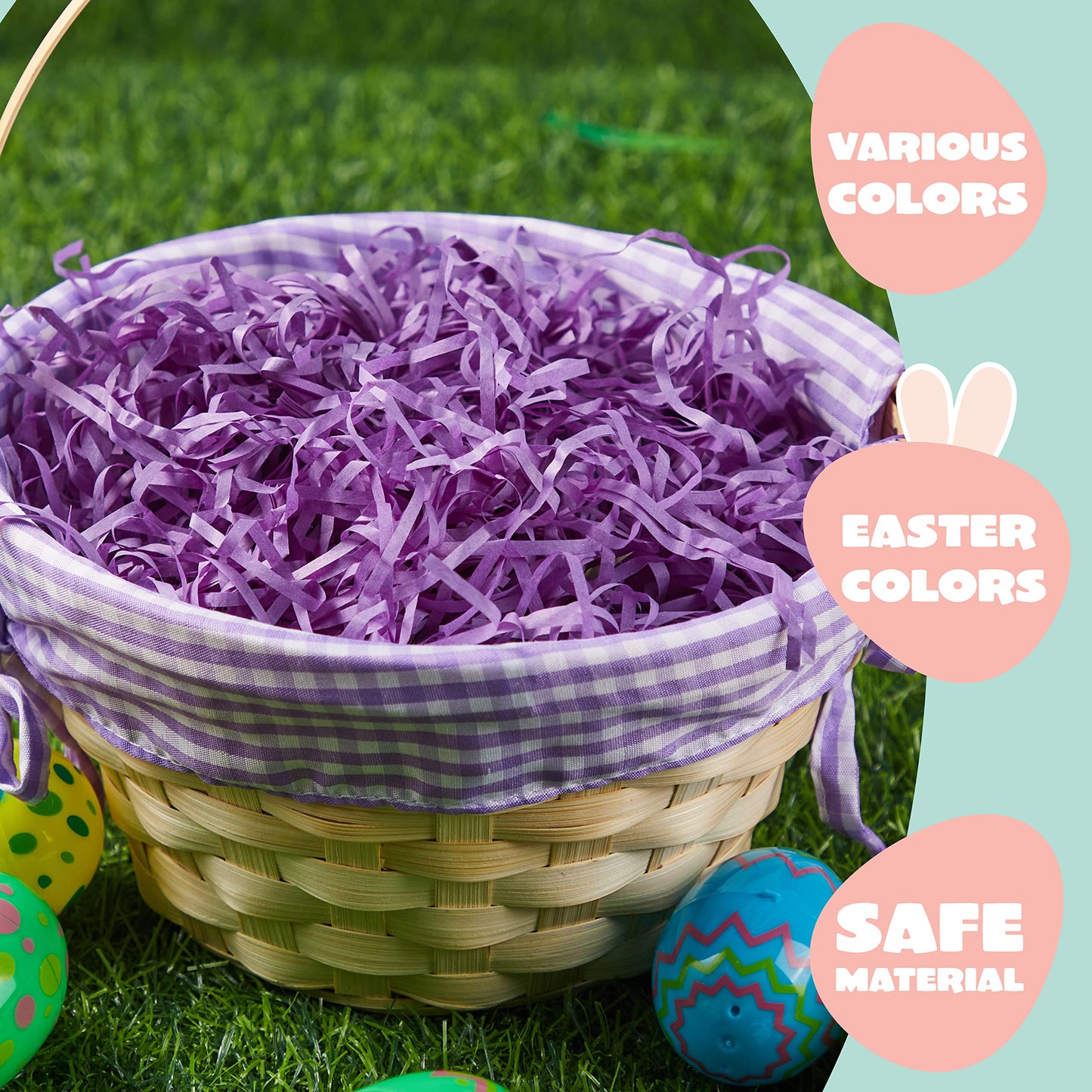 JOYIN 4 Pcs Easter Bamboo Baskets Gift Woven Baskets with Handles and 4 Colors Grass Paper Shreds, Candy Wicker Candy Toys Storage Bucket for Easter Egg Hunt, Kids Party Supplies(9" X 8")