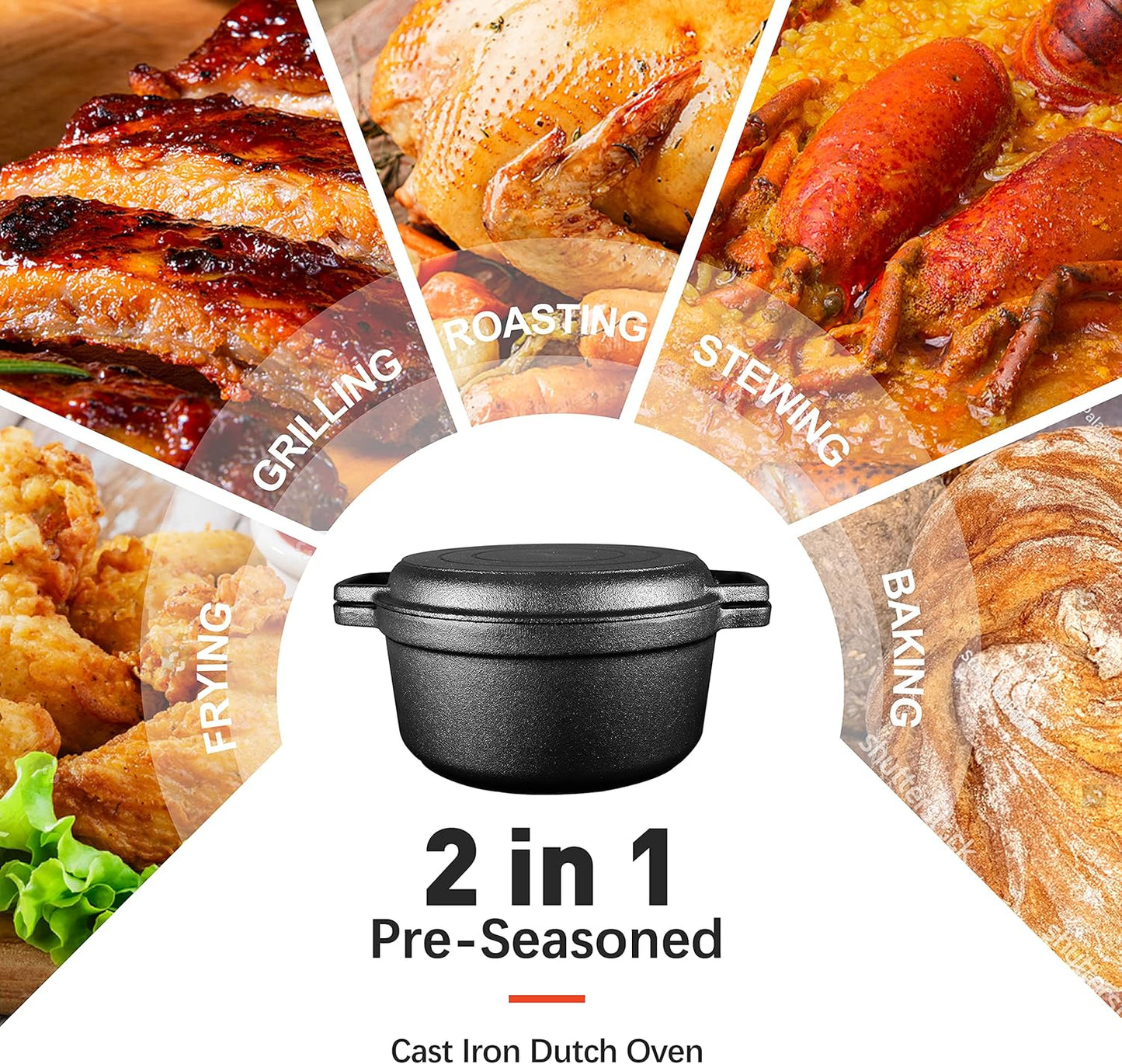 Pre-Seasoned Cast Iron 2-In-1 Heavy-Duty 5.5qt Dutch Oven With Skillet Lid Set, Oven,Grill, Stove Top, BBQ and Induction Safe