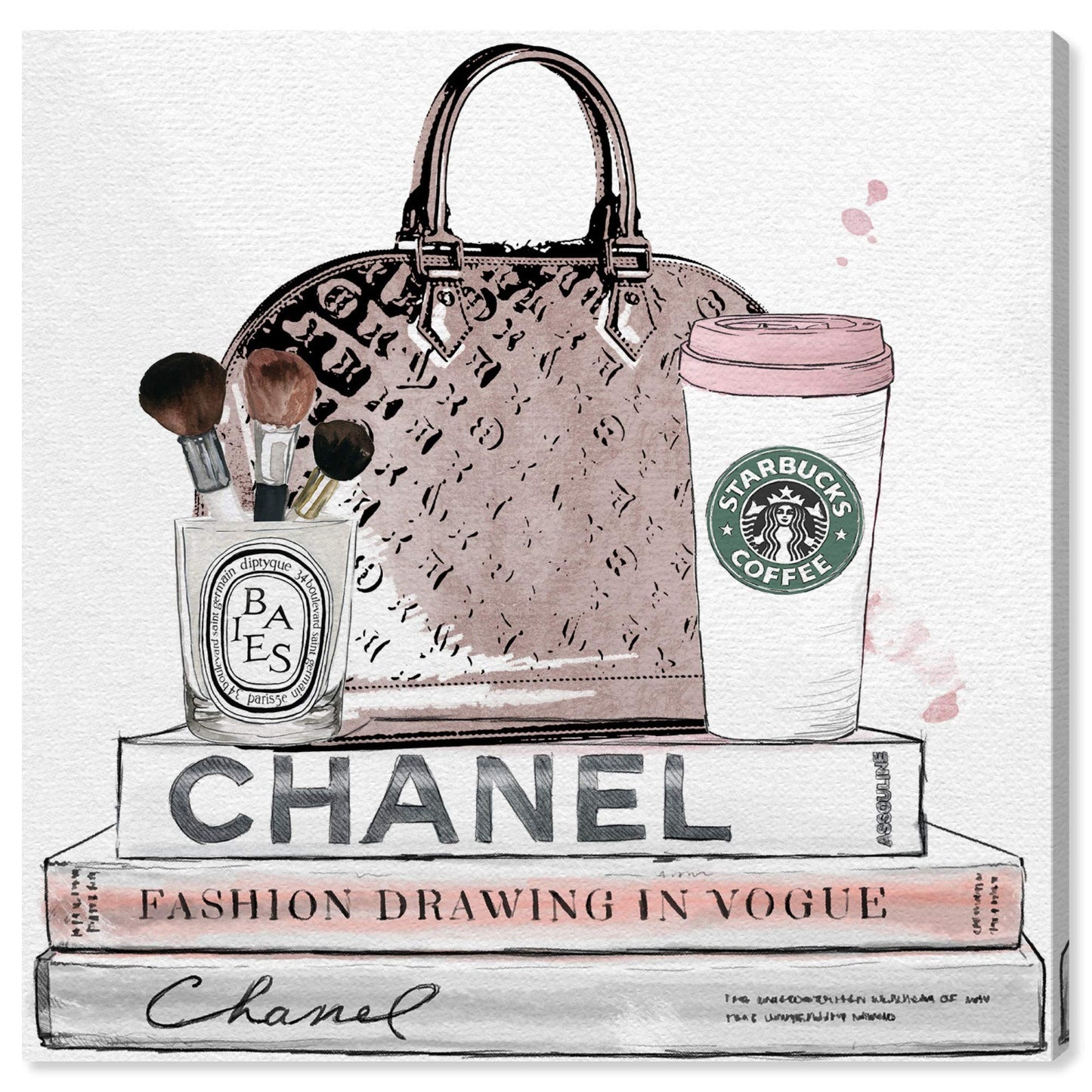 The Oliver Gal Artist Co. Blush and Make Up Brush | Modern Premium Canvas Print The Fashion Wall Art Decor Collection, 16" x 16", Pastel Pink