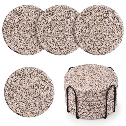 Coasters with Holder, Cotton Woven Coasters，Absorbent Coaster Set of 8 for Table Protection, Home Decor, Glasses, Cups, Bar, Housewarming Gift