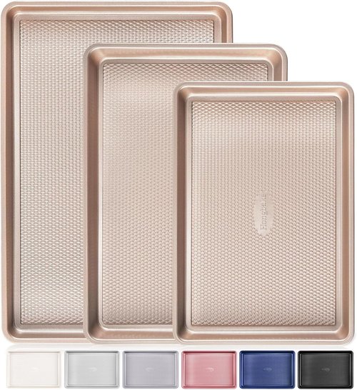 HONGBAKE Nonstick Baking Sheet Pan Set - Heavy Duty Cookie Trays in Champagne Gold | 3 Sizes