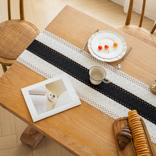 FEXIA Boho Table Runner for Home Decor with Tassels 90 Inches Long,Black Farmhouse Rustic Table Runner Macrame Burlap Table Decoration for Living Room Bridal Shower(12x90 Inches)