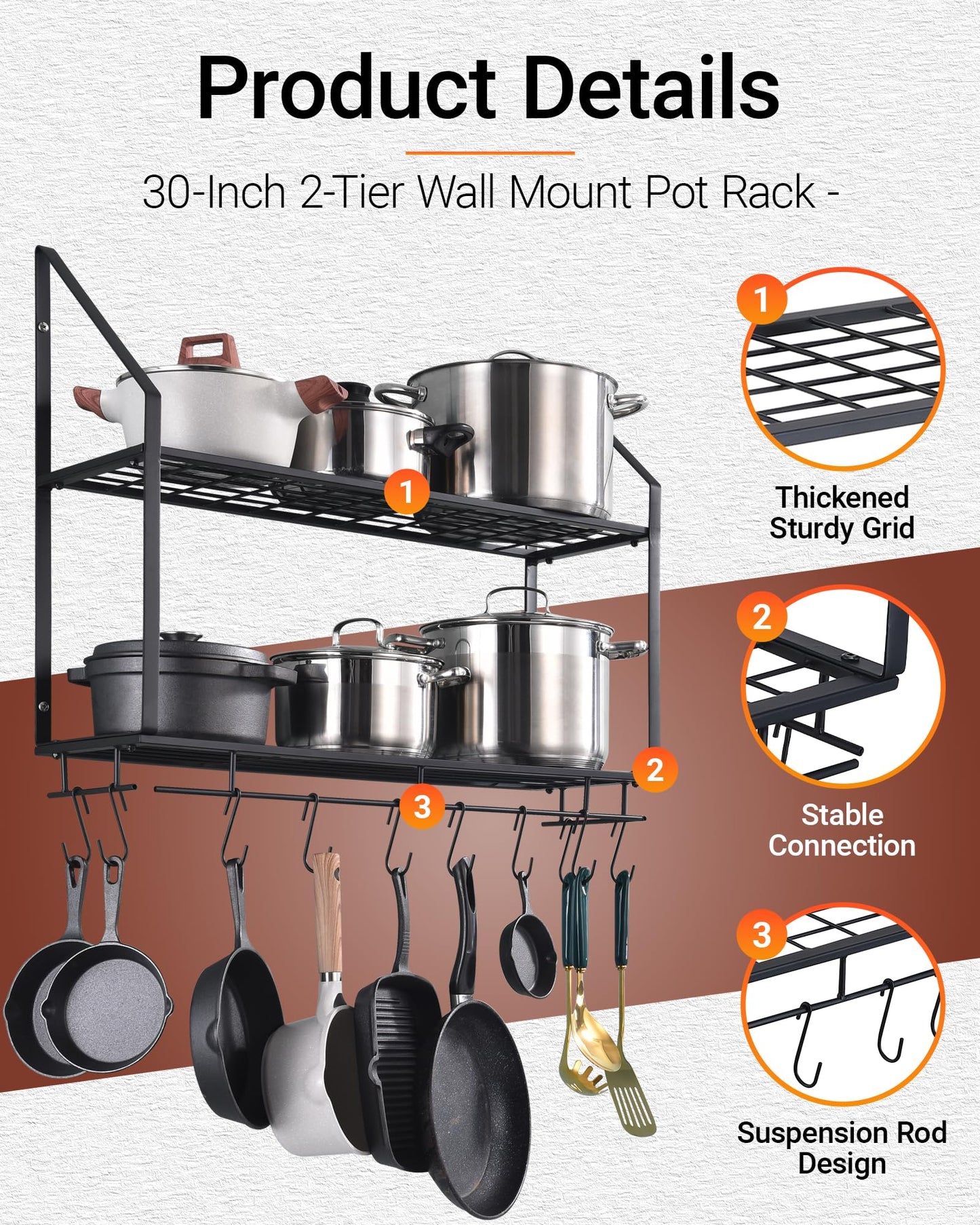Hoooh 30-Inch Wall Mount Pot Racks - 2-Tier Pot Rack Pan Hanger for Kitchen Storage and Organization - Matte Black Cookware Hanging Shelves with 10 Hooks