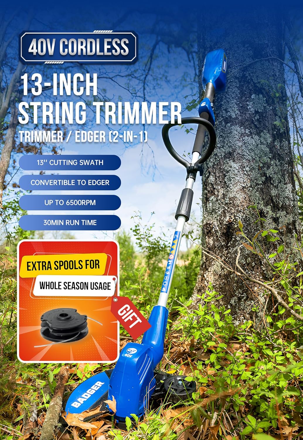 Wild Badger Power 40V Cordless Weed Wacker - 13'' 2-in-1 String Trimmer/Edger with Auto Feed & Battery