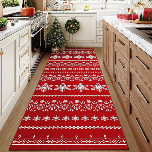 Christmas Runner Rug 3x10 Red Washable Carpet Xmas Snowflake Holiday Decor Kitchen Non Slip Soft Low Pile Long Carpet Indoor Throw Rug Laundry Room Living Room Bedroom Dining Room
