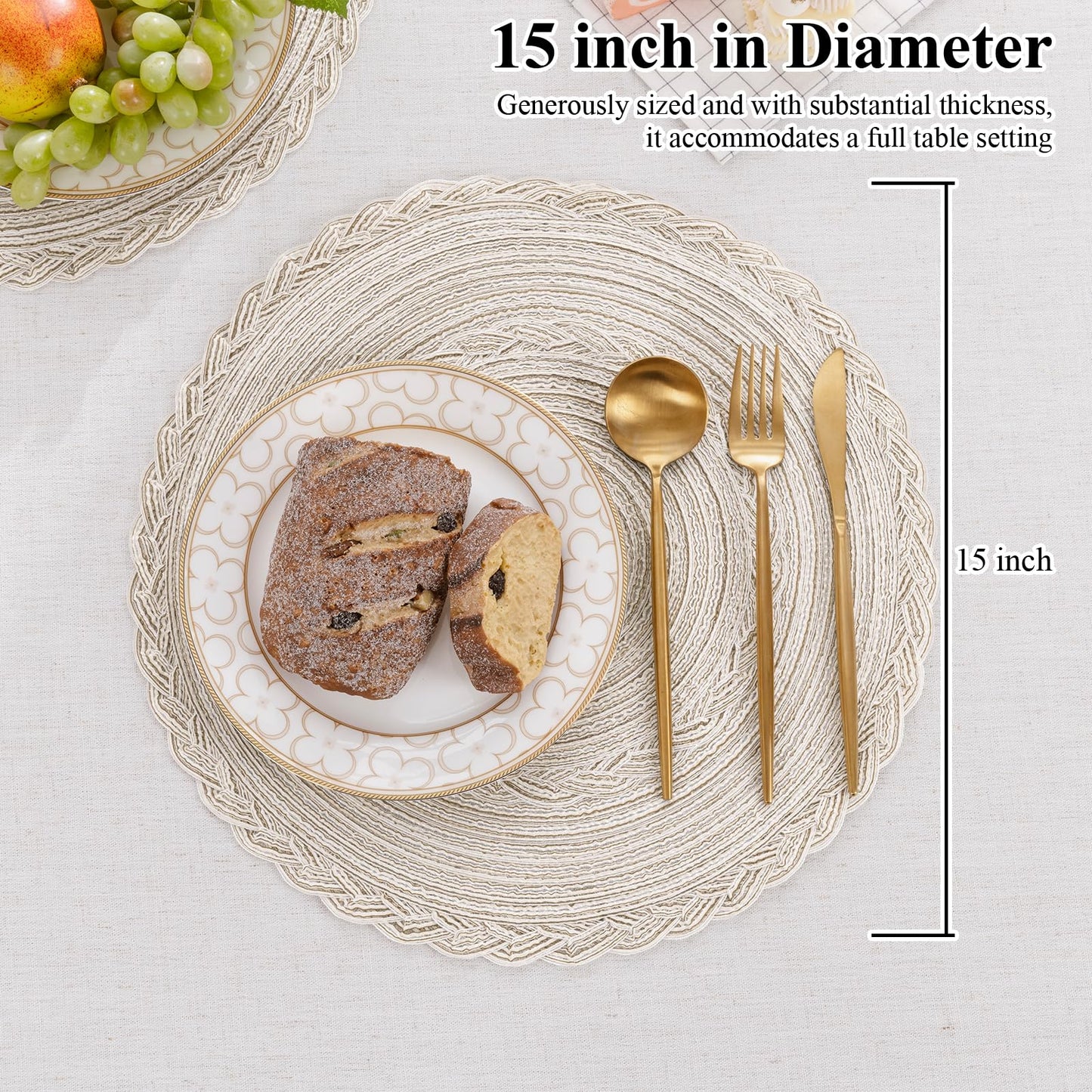 SHACOS 15 inch Round Braided Placemats Set of 12 for Dining Table Woven Boho Place Mats Kitchen Placemat Washable Table Mats, Ivory Bordered