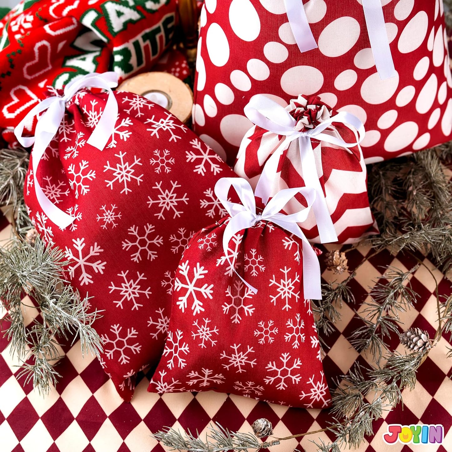 JOYIN 6-Piece Fabric Gift Bags - Elegant Red Design for All Seasons | Perfect for Holiday Present Giving