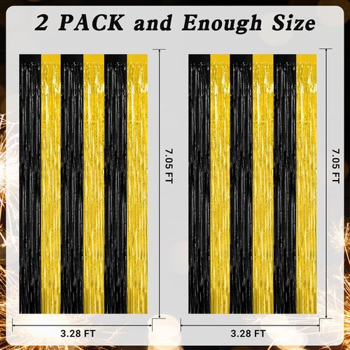 2 Pack Skiennix Graduation Backdrop - Black and Gold Foil Fringe Curtains | 3.28 FT x 7.05 FT Class of 2026 Party Decorations