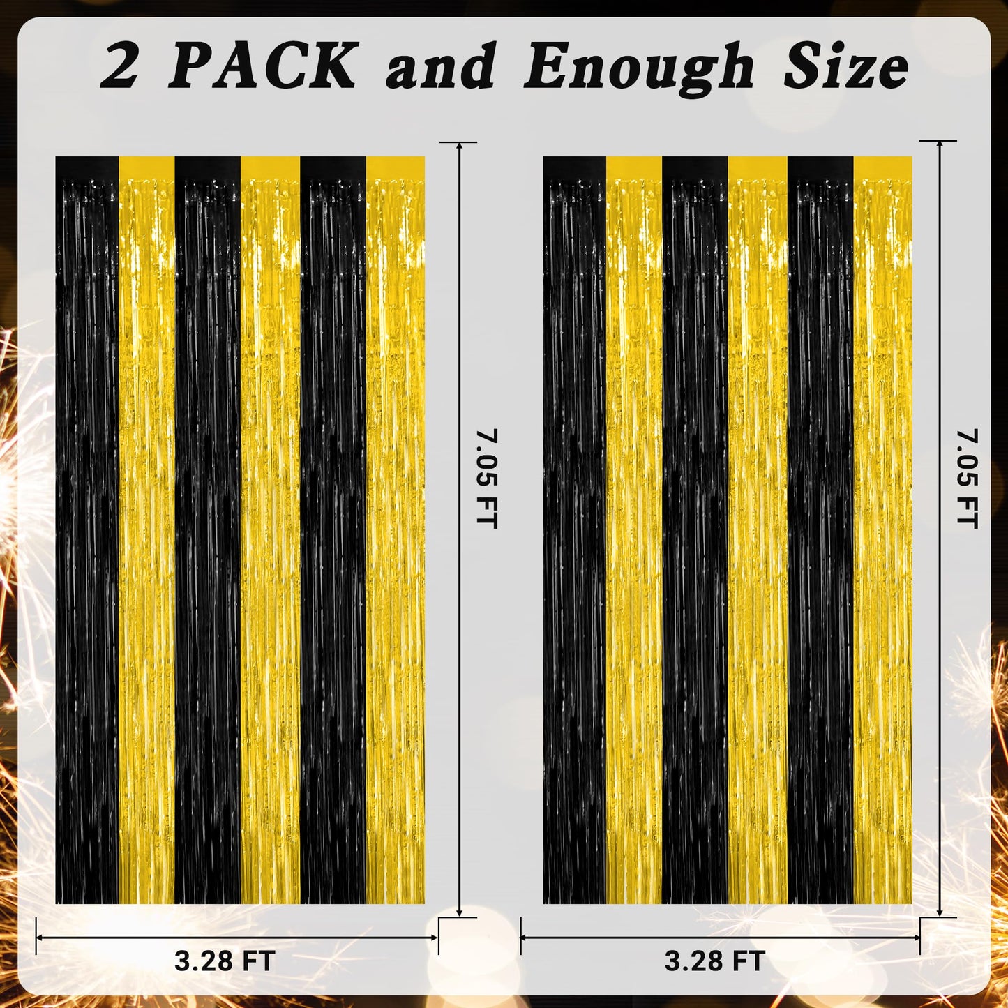2 Pack Graduation Backdrop, 3.28 FT x 7.05 FT Black and Gold Foil Fringe Curtains, Metallic Foil Curtain Graduation Backdrop, Grad Party Supplies Black and Gold Party Decorations Class of 2026