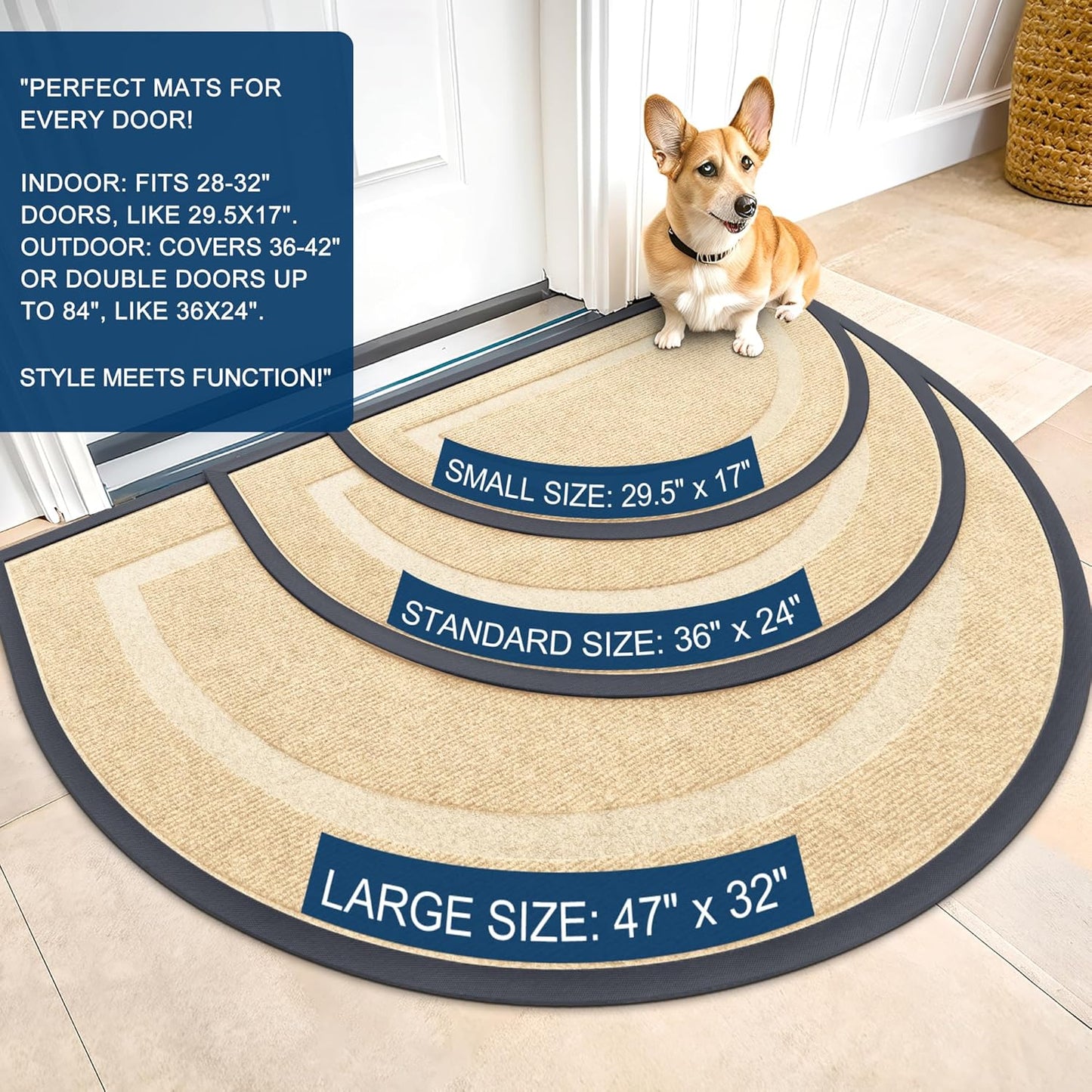 OLANLY Half Circle Door Mat - Waterproof All-Season Doormat for Indoor/Outdoor Use | 36x24, Beige