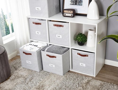 DECOMOMO Storage Baskets - 13x15x13 Cube Bins with Labels for Organized Shelves | Light Grey (4-Pack)