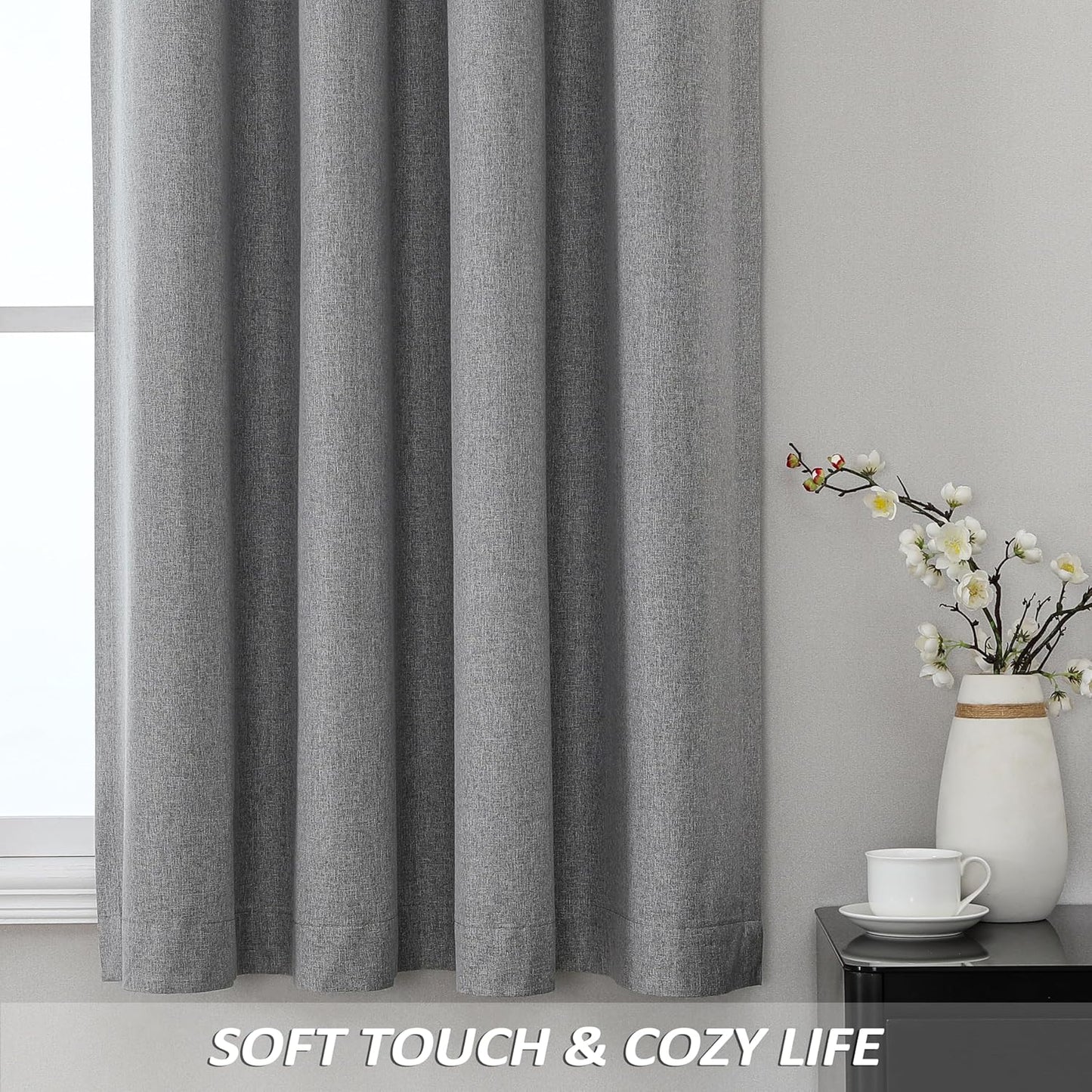 THOOO 100% Blackout Curtains - Natural Linen Textured Thermal Insulated | 95-Inch Dark Grey Panels for Bedroom & Nursery