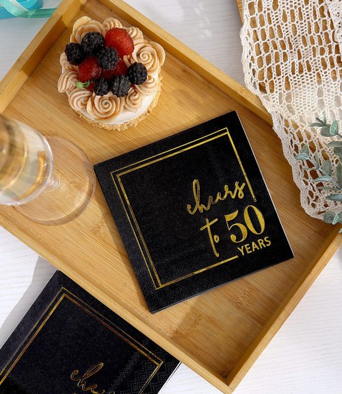 Cheers to Years Cocktail Napkins - 50 PK - 3-Ply Birthday Napkins 5x5 Inches Disposable Party Napkins Beverage Paper Napkins or Birthday Decorations Wedding Anniversary Black and Gold (50 Years)