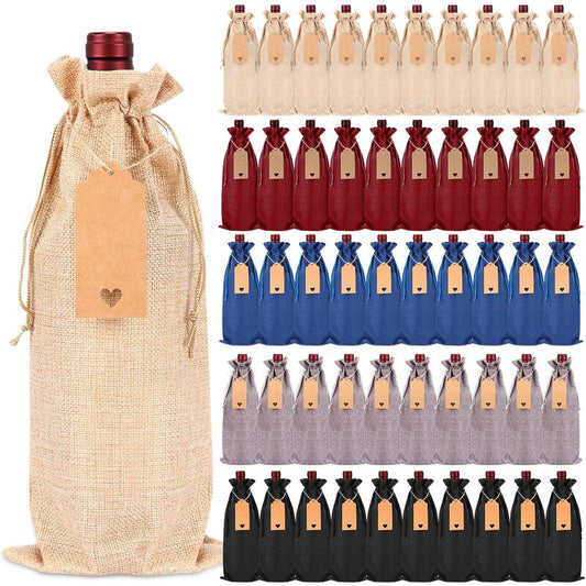 Chumia 50 Pcs Burlap Wine Bags Reusable Wine Gift Bags with Drawstrings Jute Bottle Covers with Ropes Tags for Christmas Blind Tastings Party Supplies Home Storage Wedding Birthday