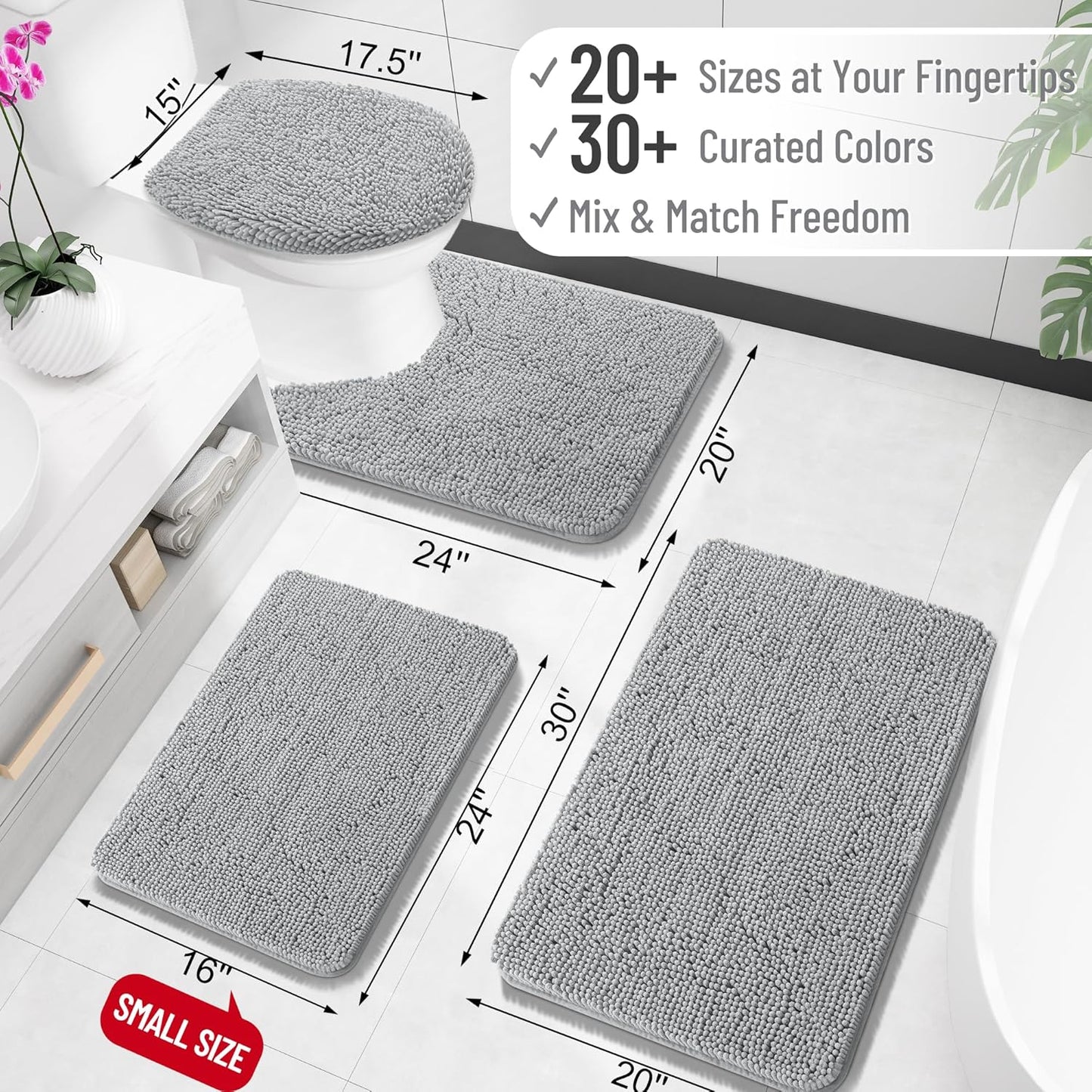 OLANLY Bathroom Rugs - Extra Soft Chenille Bath Mats | Quick-Dry, Machine Washable, 30x20, Light Grey