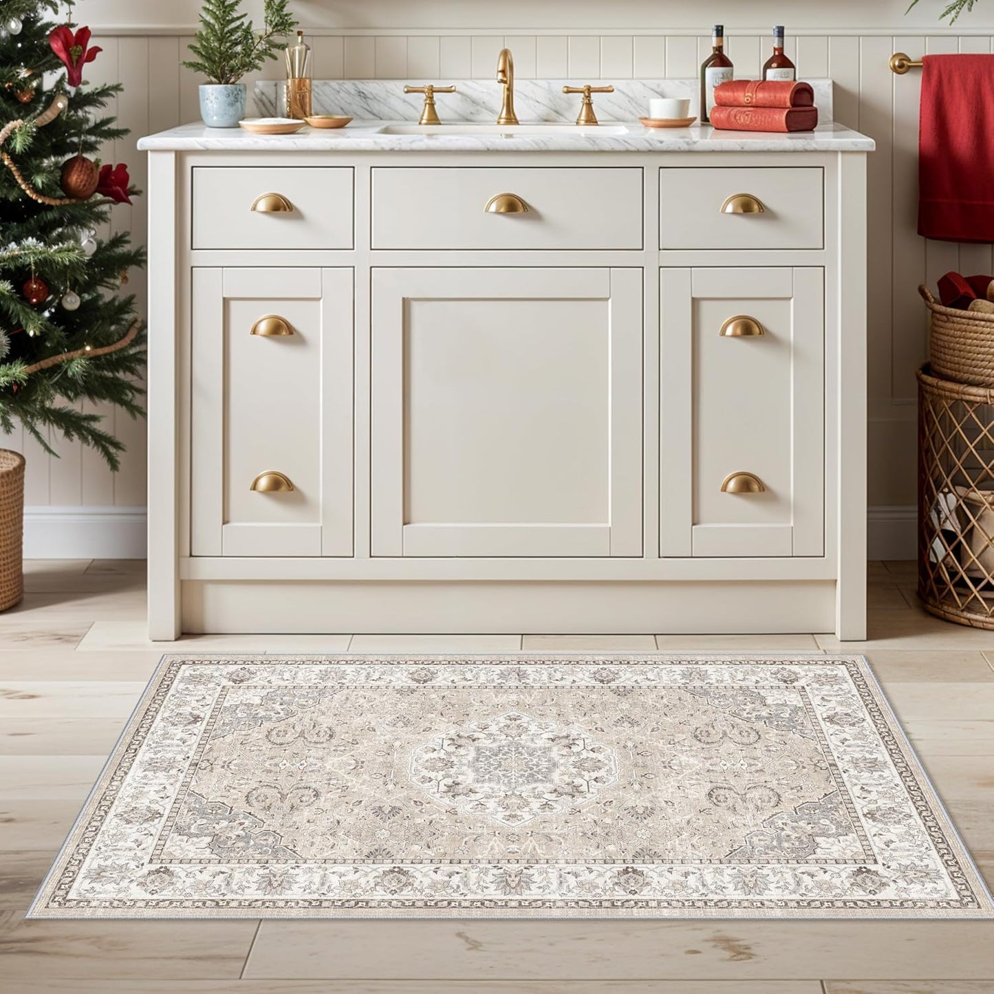 Regine Switzerland Washable 2x3 Entryway Area Rug - Soft Non-Slip Vintage Kitchen Runner in Beige