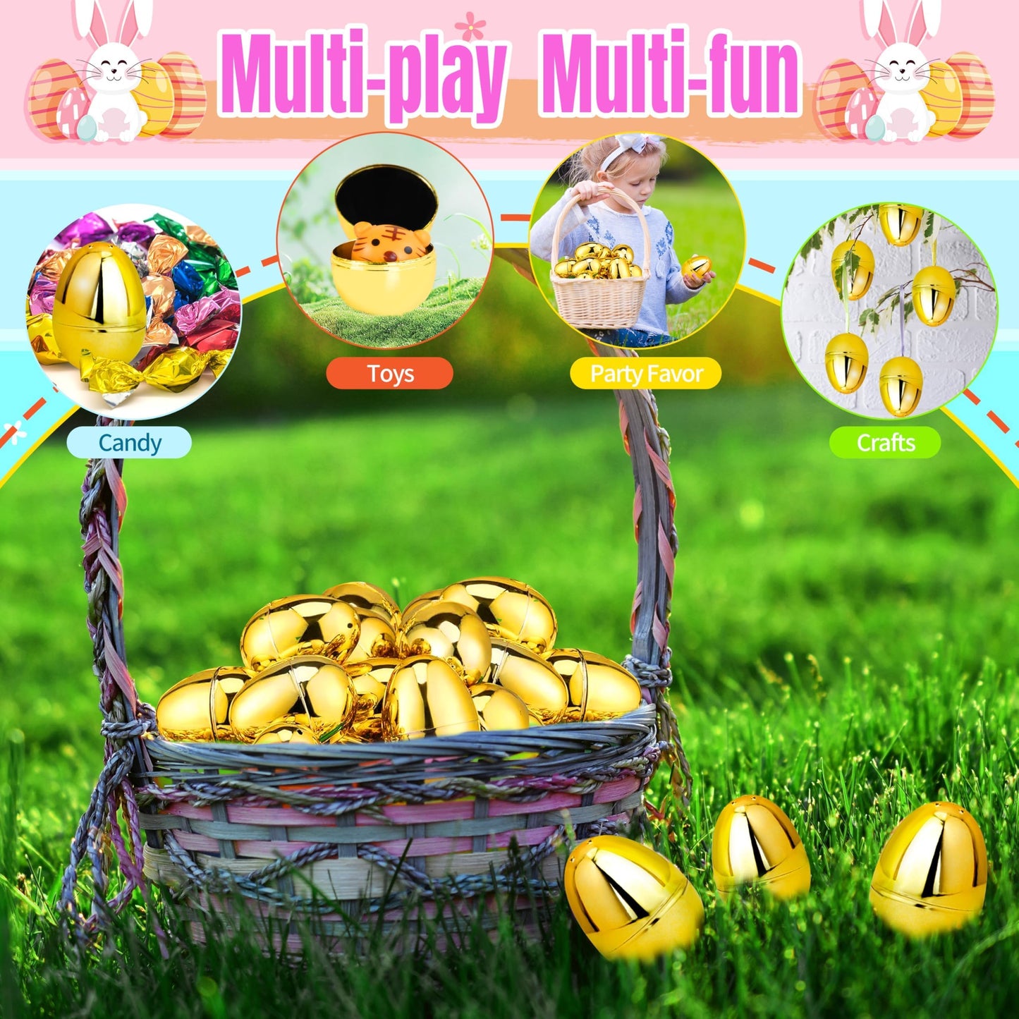 OCTERIC 18Pcs Easter Eggs Bulk, 2.3" Fillable Shiny Golden Metallic Plastic Easter Eggs Empty for Easter Hunt, Easter Basket Stuffers, Party Favor, Classroom Prize Supplies
