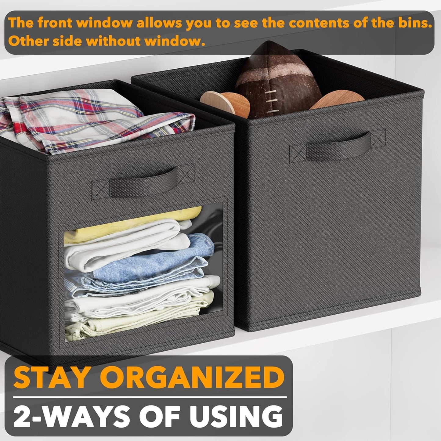 SpaceAid Storage Cubes - Set of 6 Foldable Fabric Bins with Clear Windows | 11-Inch Black Organizer