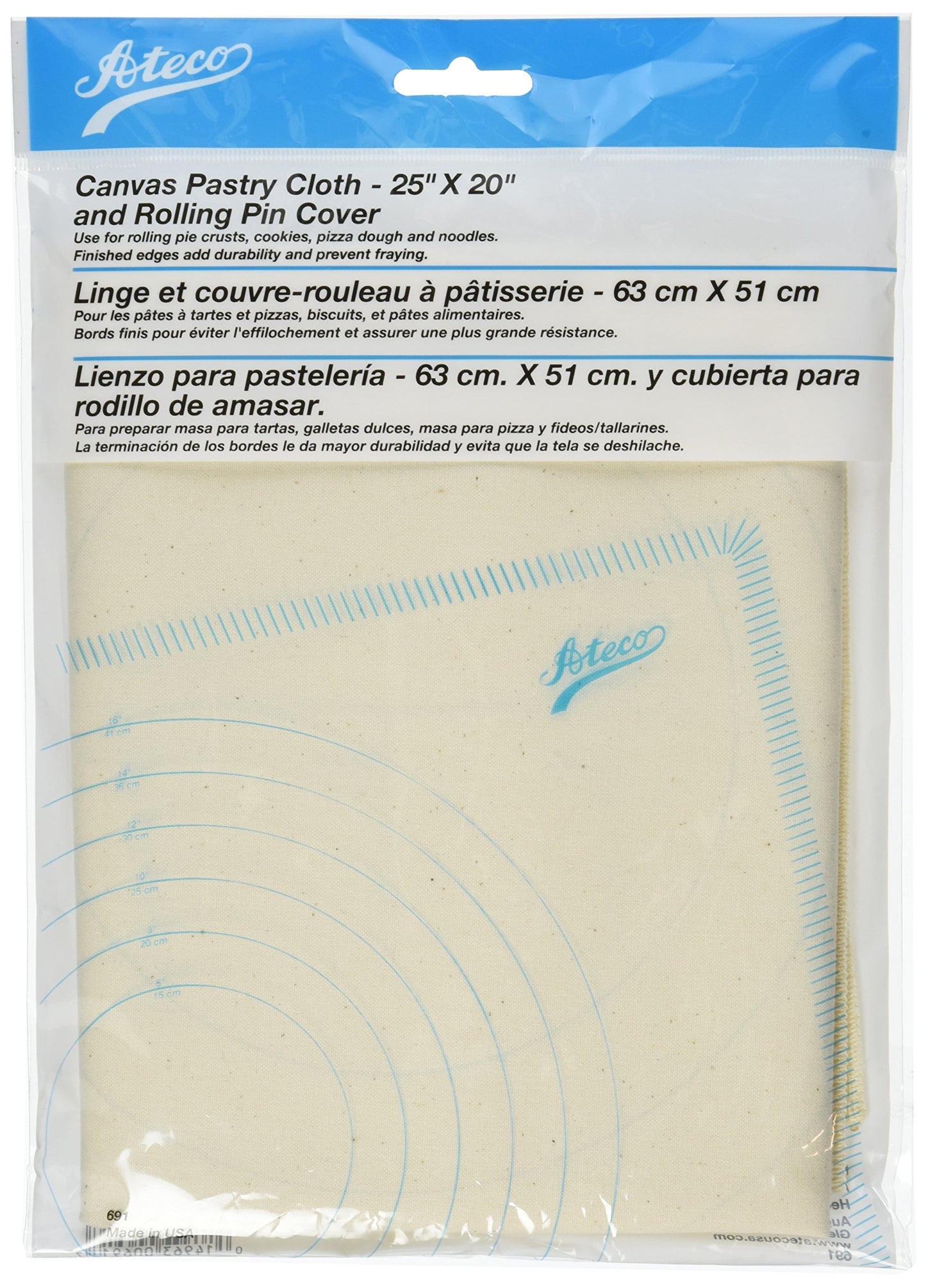 Ateco Canvas Pastry Cloth and Rolling Pin Cover, 25" x 20", Off-White
