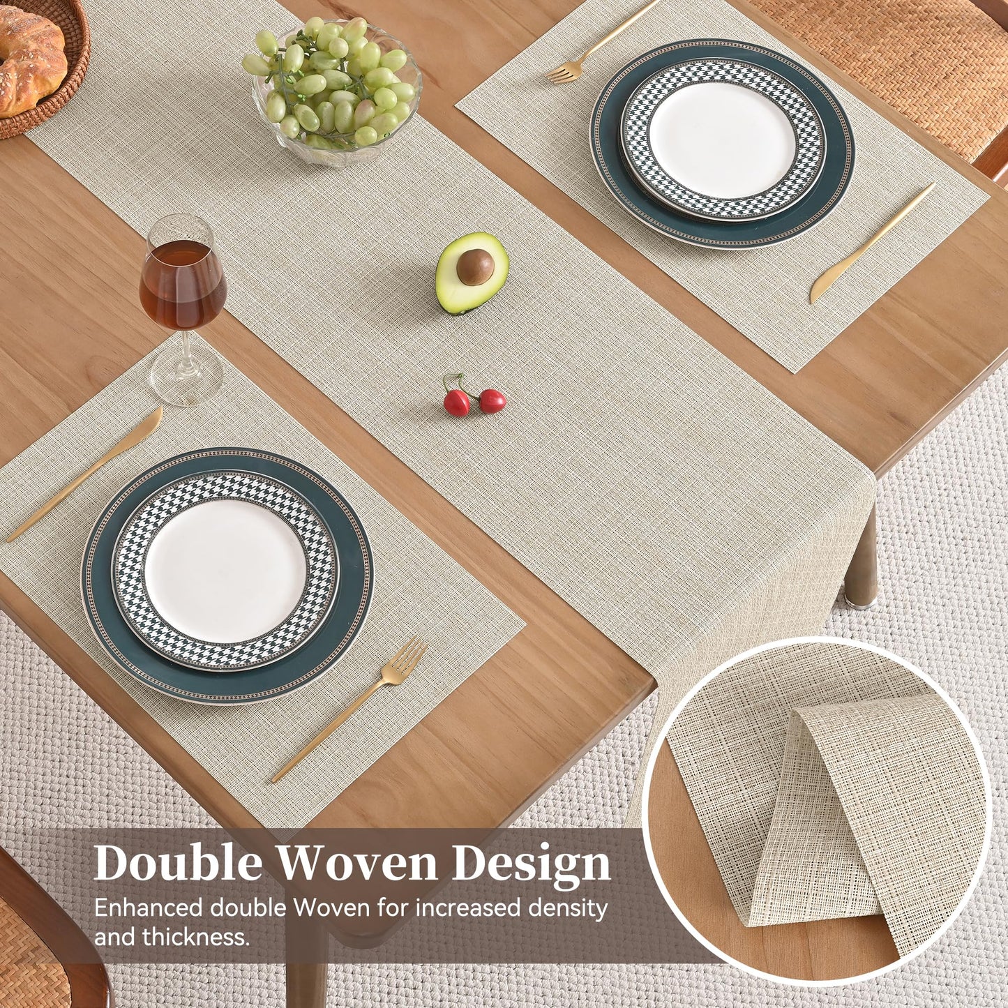 Leetaltree Beige Table Runner and Placemats Set of 5, Heat Resistant Non-Slip Place mats for Dining Table, Washable Durable PVC Vinyl Woven Table Runner Set