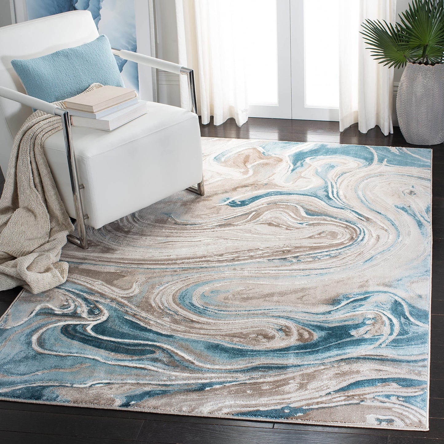 SAFAVIEH Meadow Collection Accent Rug - 4' x 6', Beige & Blue, Modern Abstract Design, Non-Shedding & Easy Care, Ideal for High Traffic Areas in Entryway, Living Room, Bedroom (MDW553B)