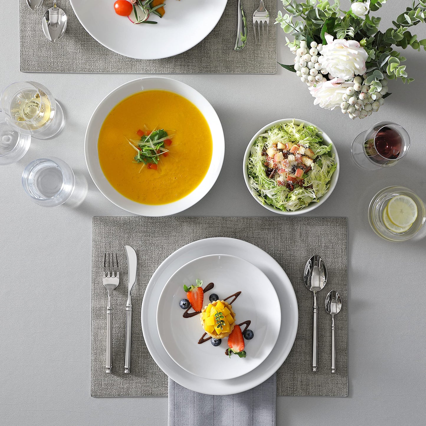MALACASA 24-Piece Gourmet Porcelain Dinnerware Sets, Modern White Round Dish Set for 6 - Premium Serving Plates and Bowls Sets for Dessert, Salad, Soup, Pasta - Series AMELIA