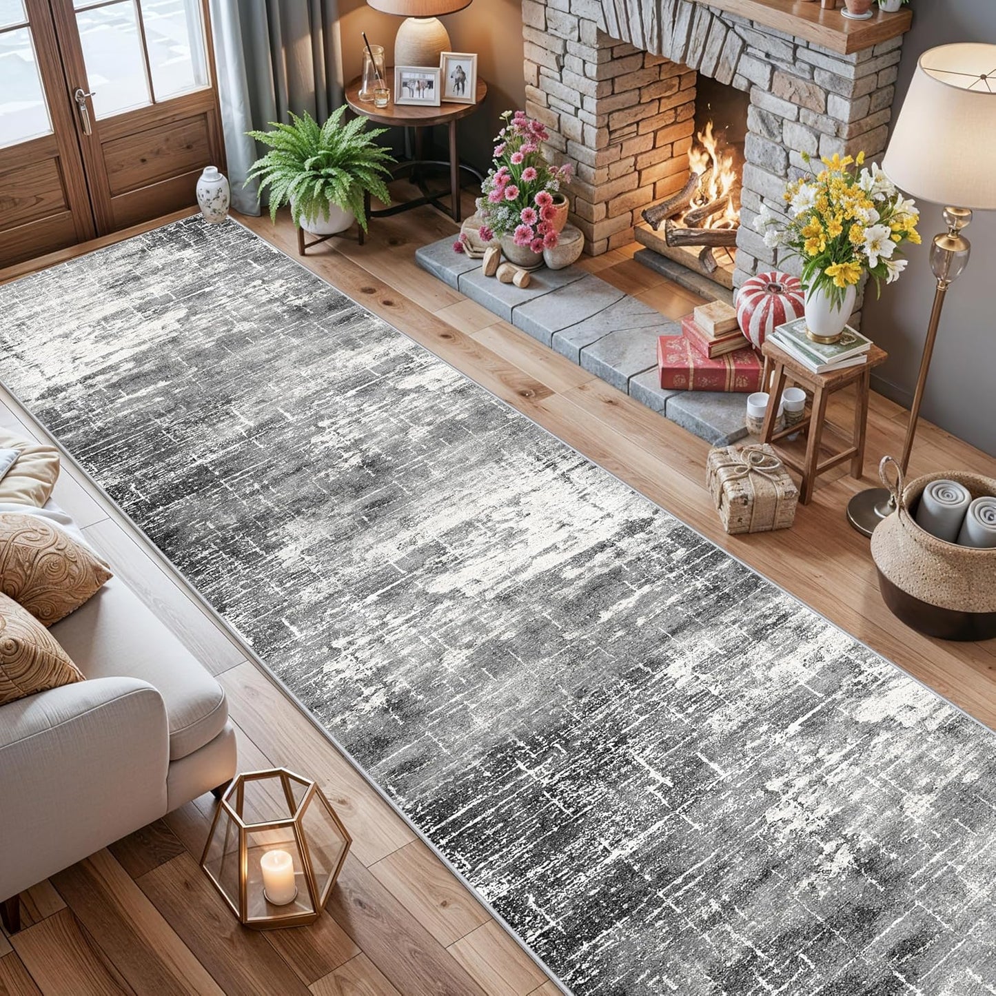 Skiennix Abstract 14ft Long Runner Rug - Non-Slip, Washable, Low-Pile | Soft Black/Grey Indoor Mat