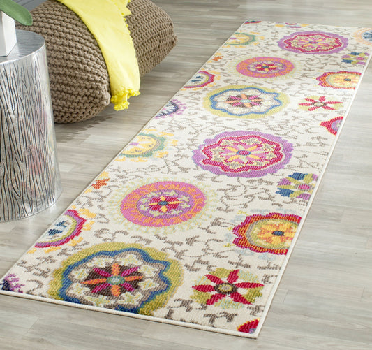 SAFAVIEH Monaco Collection Runner Rug - 2'2" x 12', Ivory & Multi, Boho Floral Design, Non-Shedding & Easy Care, Ideal for High Traffic Areas in Living Room, Bedroom (MNC233A)