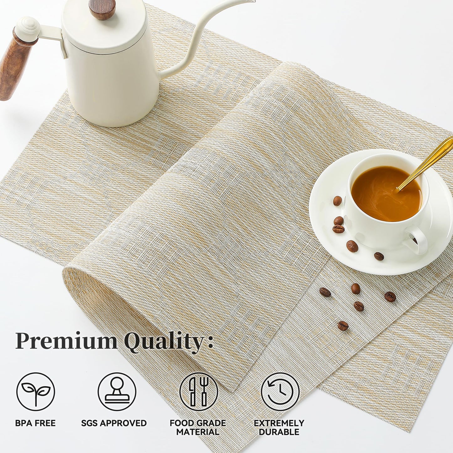 Leetaltree Wheat Placemats Set of 4 - Heat Resistant Non-Slip Place mats for Dining Table, Washable Durable PVC Vinyl Woven Table Mats（Wheat, 4）