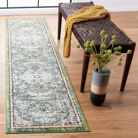 SAFAVIEH Madison Collection Runner Rug - 2'2" x 14', Green & Turquoise, Boho Chic Medallion Distressed Design, Non-Shedding & Easy Care, Ideal for High Traffic Areas in Living Room, Bedroom (MAD447Y)