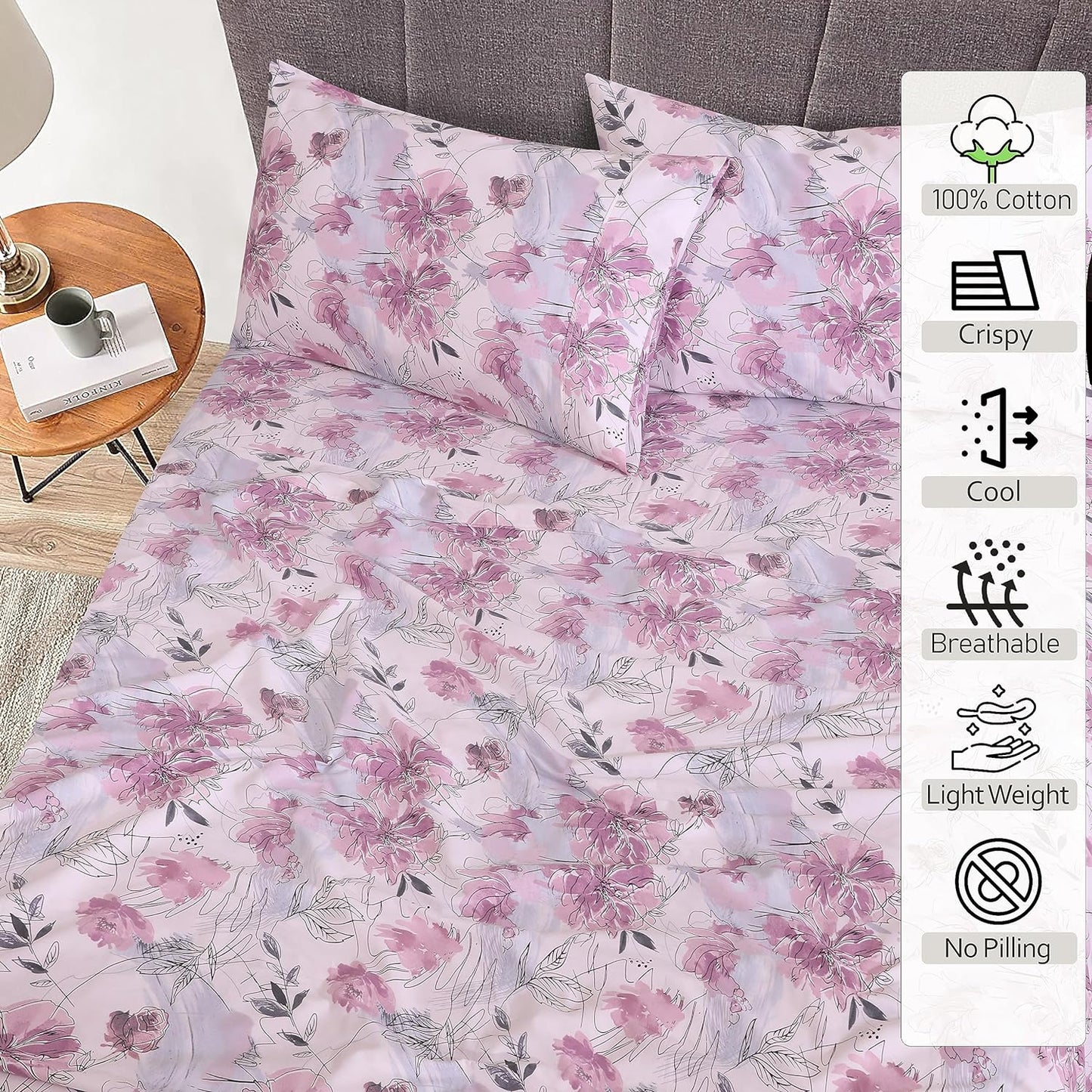 Ruvanti 100% Cotton Full Size Bed Sheet Set - Soft Lilac Floral Print | 4-Piece Cooling Bedding with Deep Pockets