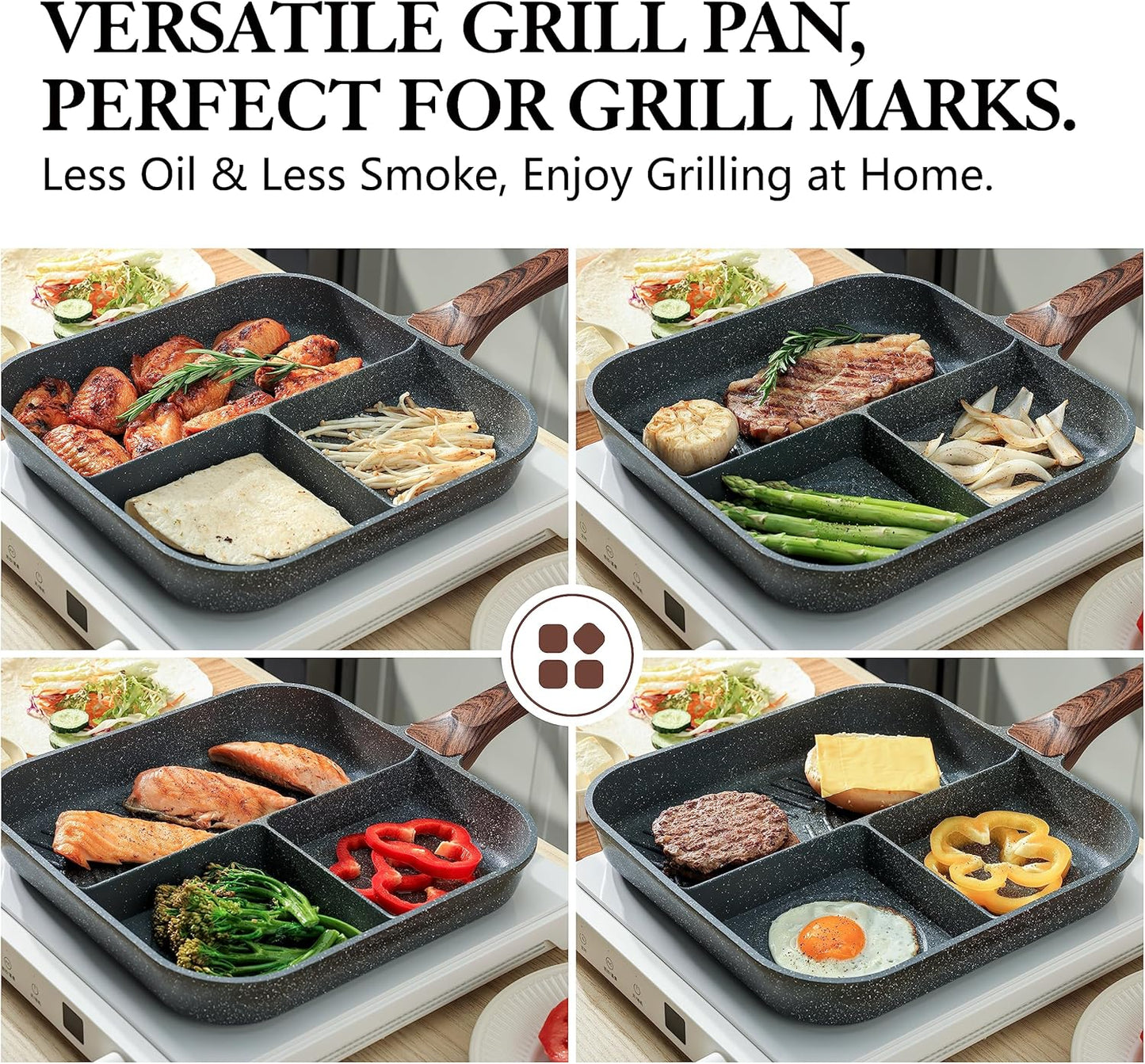 Sensarte Nonstick 11-Inch Square Grill Pan - Versatile 3-Section Breakfast Skillet | Induction & Gas Compatible