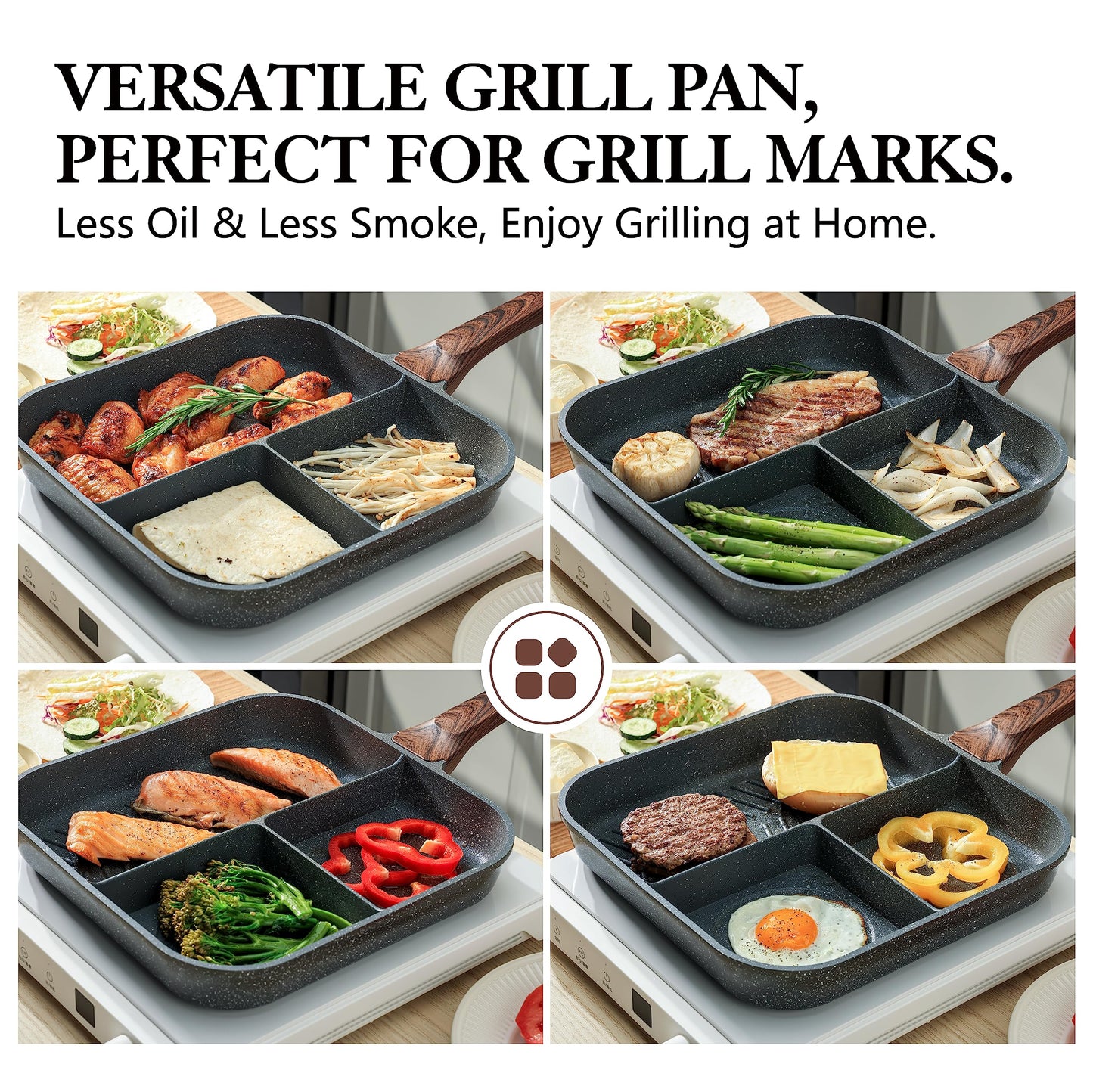 Sensarte Nonstick 11-Inch Square Grill Pan, 3-Section Versatile Breakfast Skillet, Die-cast Aluminum, PFOA, PFOS, APEO Free, Induction, Gas, Electric, Glass, Ceramic