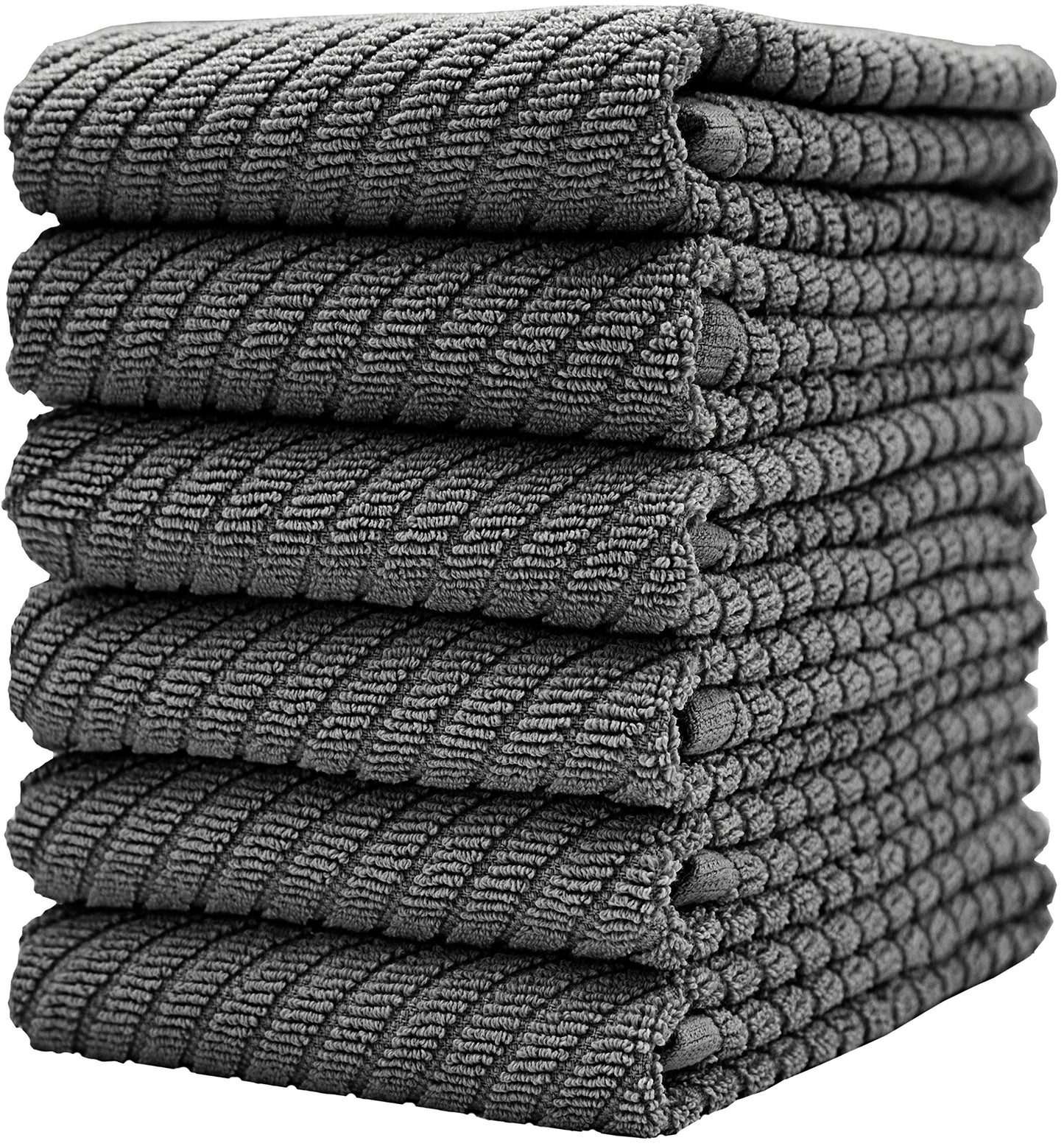 Premium Kitchen Towels (16”x 25”, 6 Pack) | Large Cotton Kitchen Hand Towels | Dish Towels | Diagonal Weave Design | 445 GSM Highly Absorbent Tea Towels Set with Hanging Loop | Grey