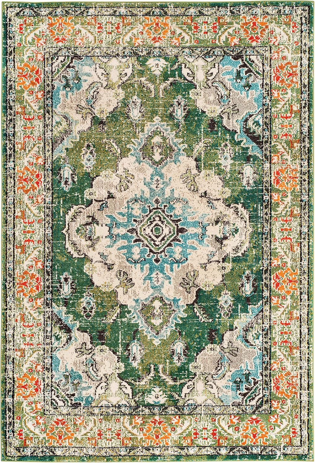 SAFAVIEH Monaco Collection Area Rug - 8' x 10', Forest Green & Light Blue, Non-Shedding, Easy to Clean | Distressed Medallion Design for Living Room & Bedroom