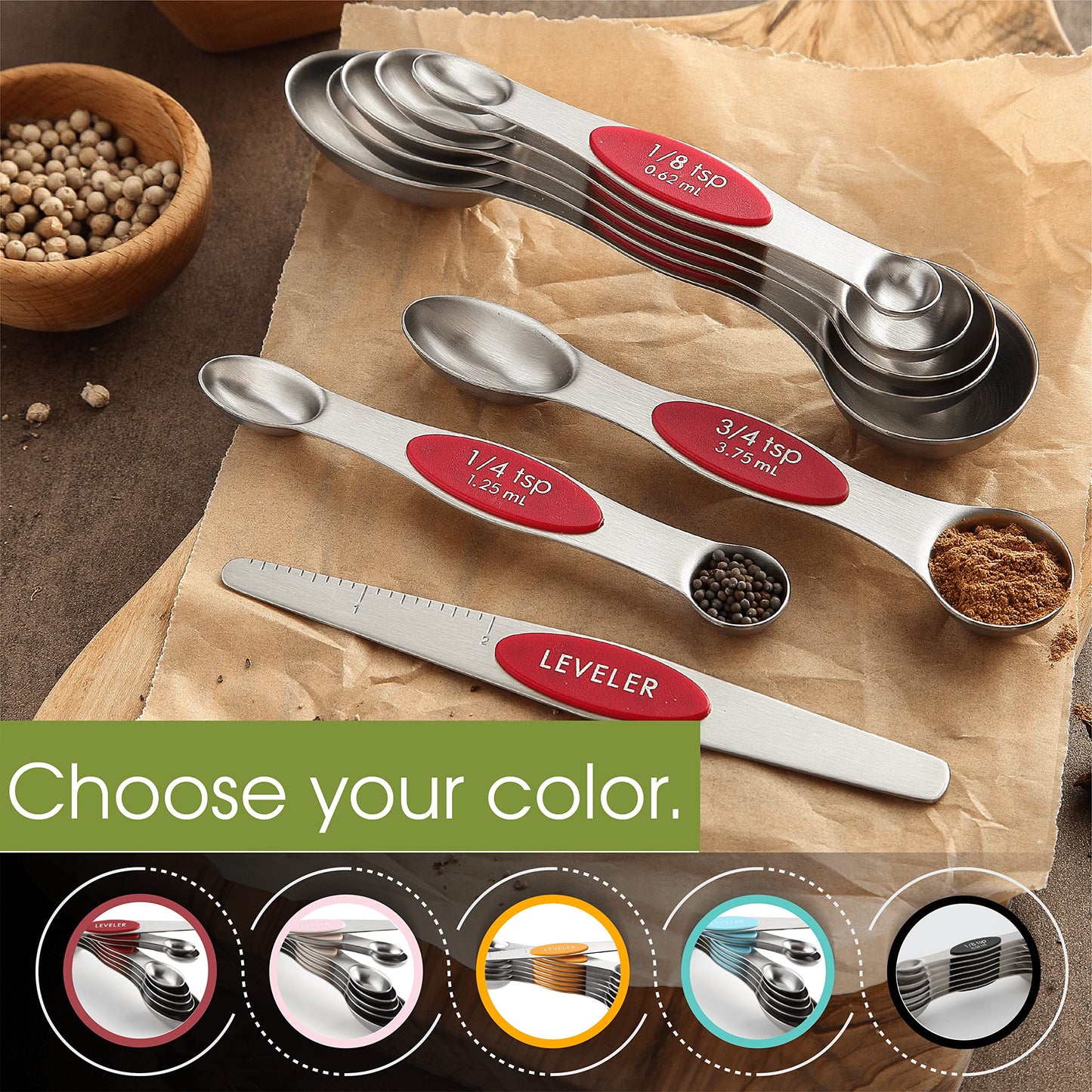 Spring Chef Red Stainless Steel Magnetic Measuring Spoons Set of 8 with Leveler, Dual Sided Nesting Teaspoon & Tablespoon Measuring Spoons, Kitchen Gadgets for Baking & Cooking, Fits in Spice Jars