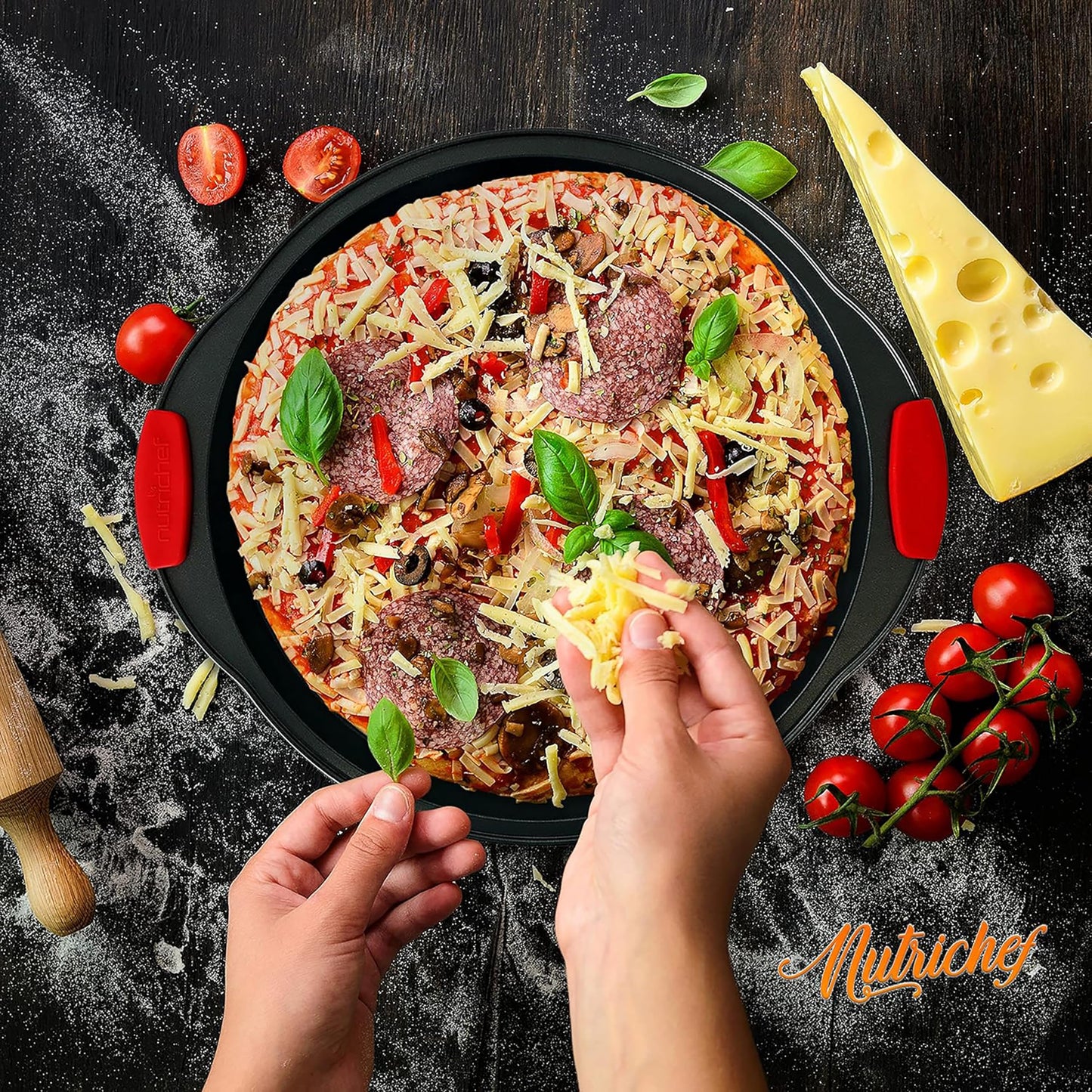NutriChef 13-Inch Nonstick Pizza Tray - Round Carbon Steel Non-Stick Pizza Pan with Perforated Holes, Premium Bakeware Pizza Screen with Silicone Grip Handles, Dishwasher Safe - NCBPIZ1