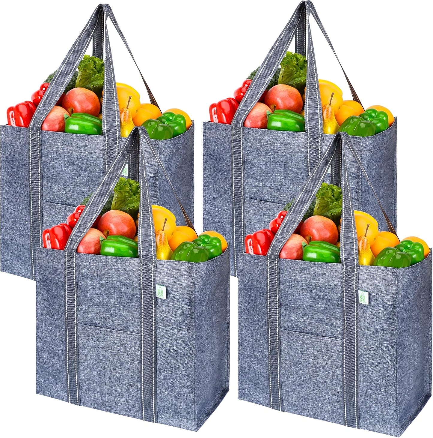 VENO Reusable Grocery Bags - Heavy-Duty Shopping Bags with Handles | Foldable, Hard Bottom, Gray (4 Pack)