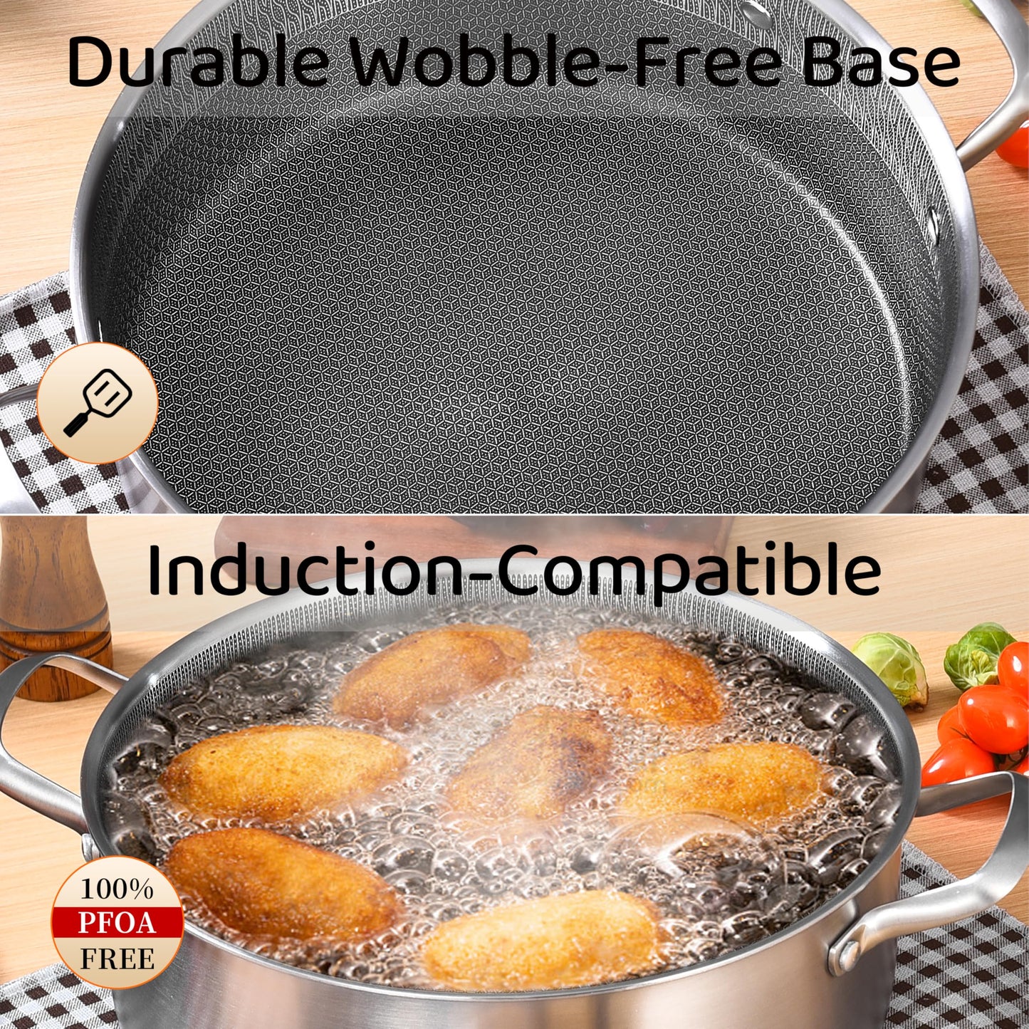 LOLYKITCH 5 QT Hybrid Ceramic Non Stick Tri-Ply Stainless Steel Sauté Pan with Lid,12 Inch Jumbo Cooker,PFOA & PFOS Free,Induction Cooking Pot, Dishwasher and Oven Safe