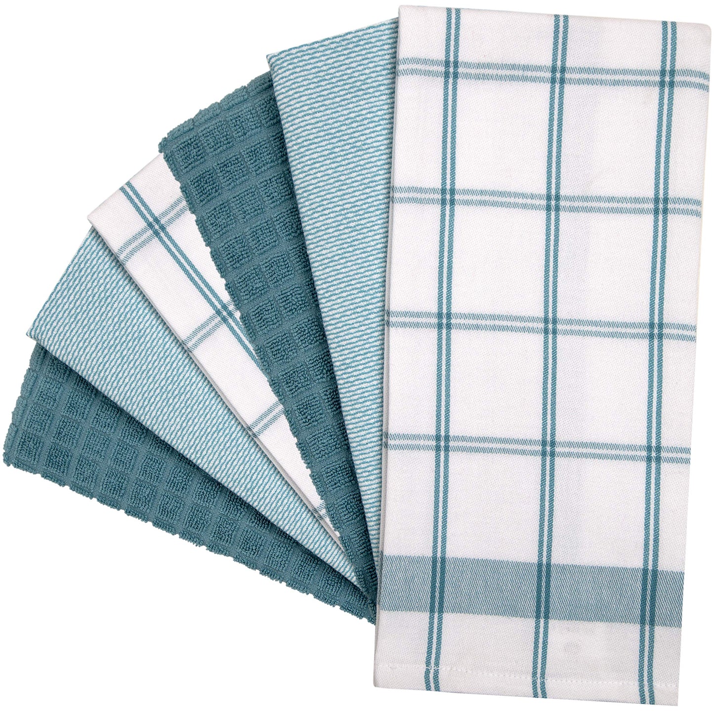 Premium Kitchen Towels (20”x 28”, 6 Pack) | Large Cotton Dish Towels | Flat & Terry Highly Absorbent Kitchen Linen Set with Hanging Loop | Teal Check