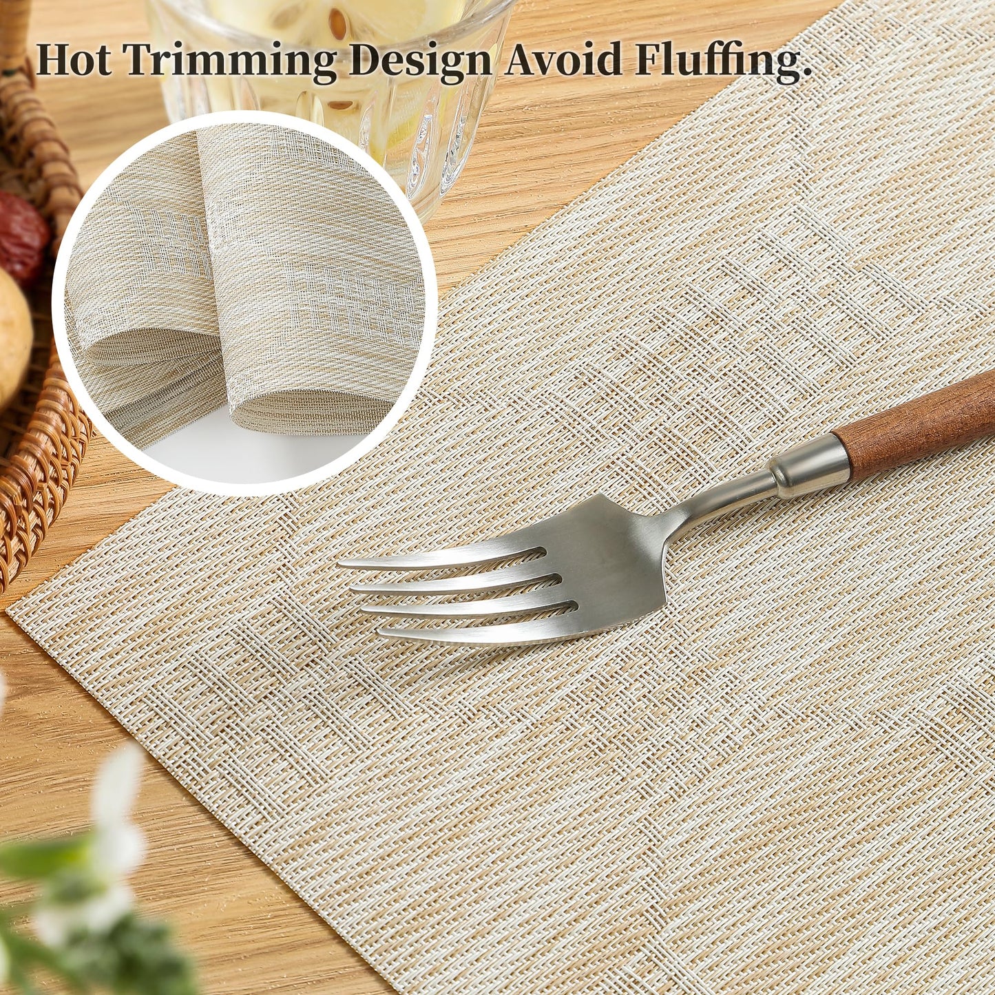 Leetaltree Wheat Placemats Set of 12 - Heat Resistant Non-Slip Place mats for Dining Table, Washable Durable PVC Vinyl Woven Table Mats（Wheat, 12）